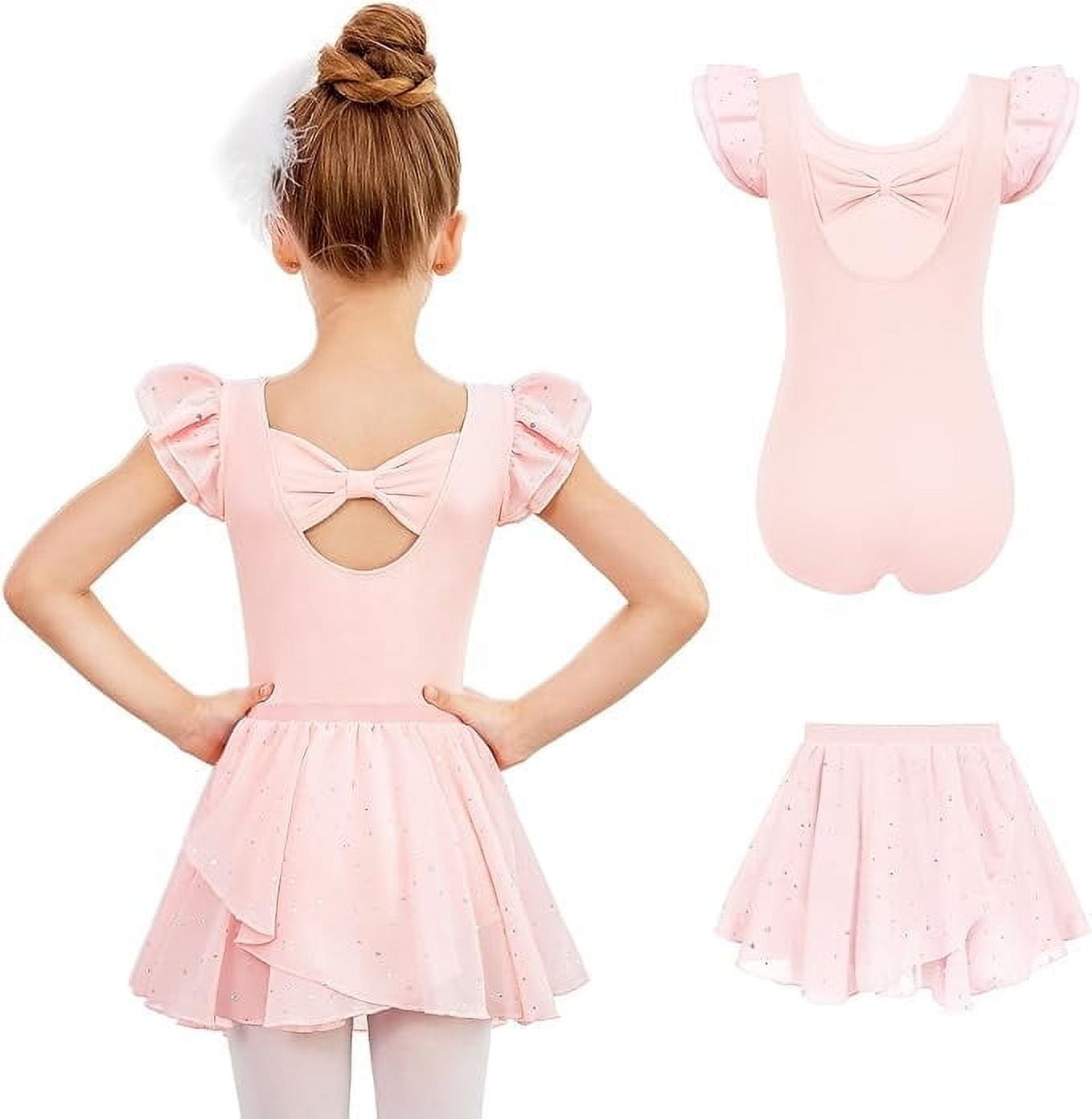 Oudiya Girls Ballet Leotard Set with Removable Sequin Skirt Ruffle Sleeve Bow Back (Pink, 3-11 Years) uf5ke
