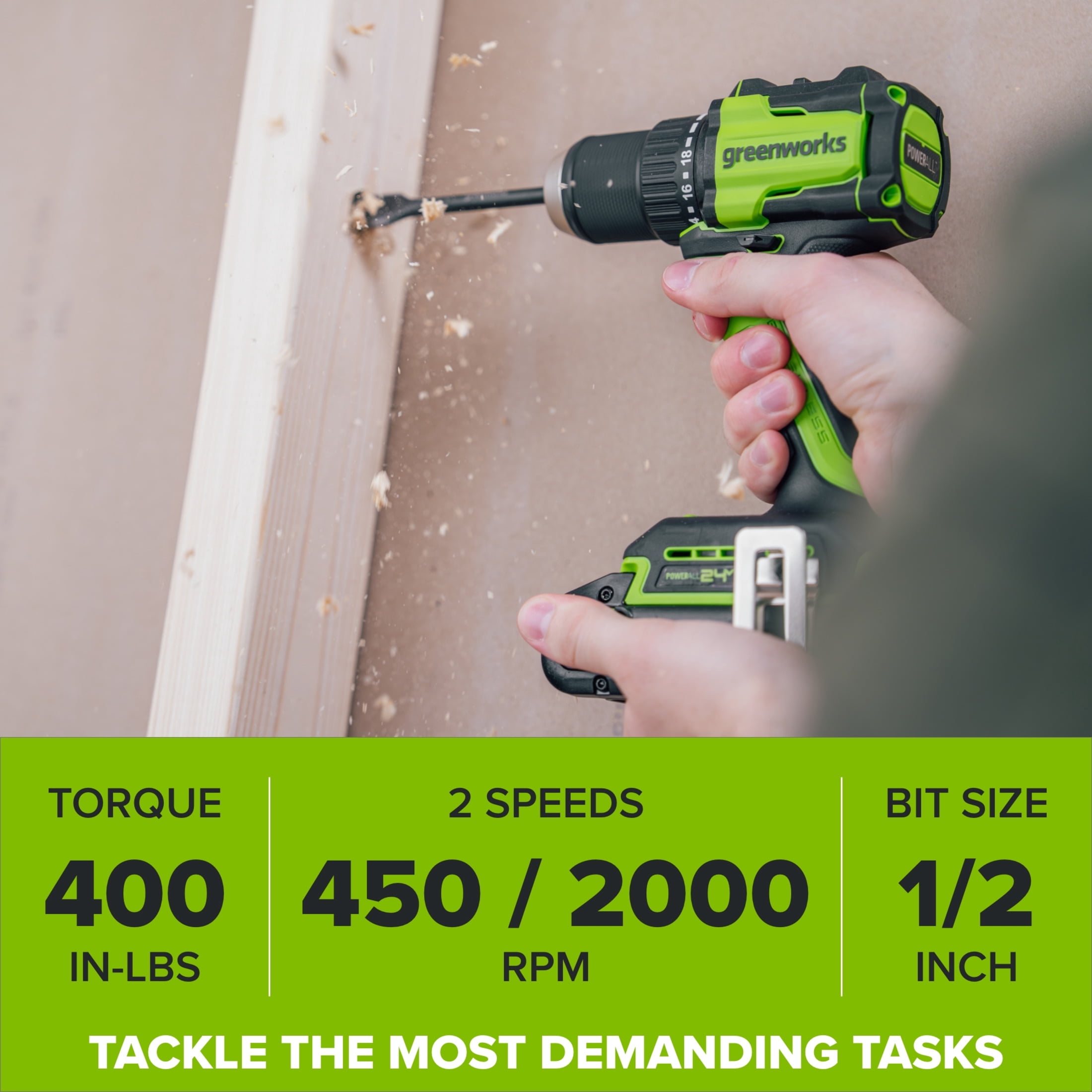 Greenworks PowerAll 24V Brushless Cordless Drill Driver with 2 Ah Battery (Green, 1/2 in) 69nzi
