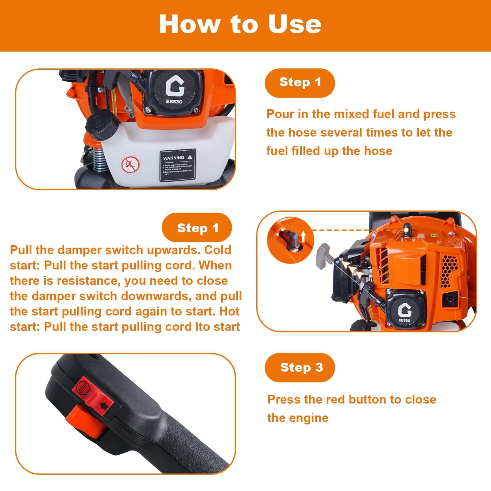 Juiluna 52CC Backpack Gas Leaf Blower, 2.2 HP 780 CFM 270 MPH Professional Lawn Care Tool (Orange, 52CC) f6y8j