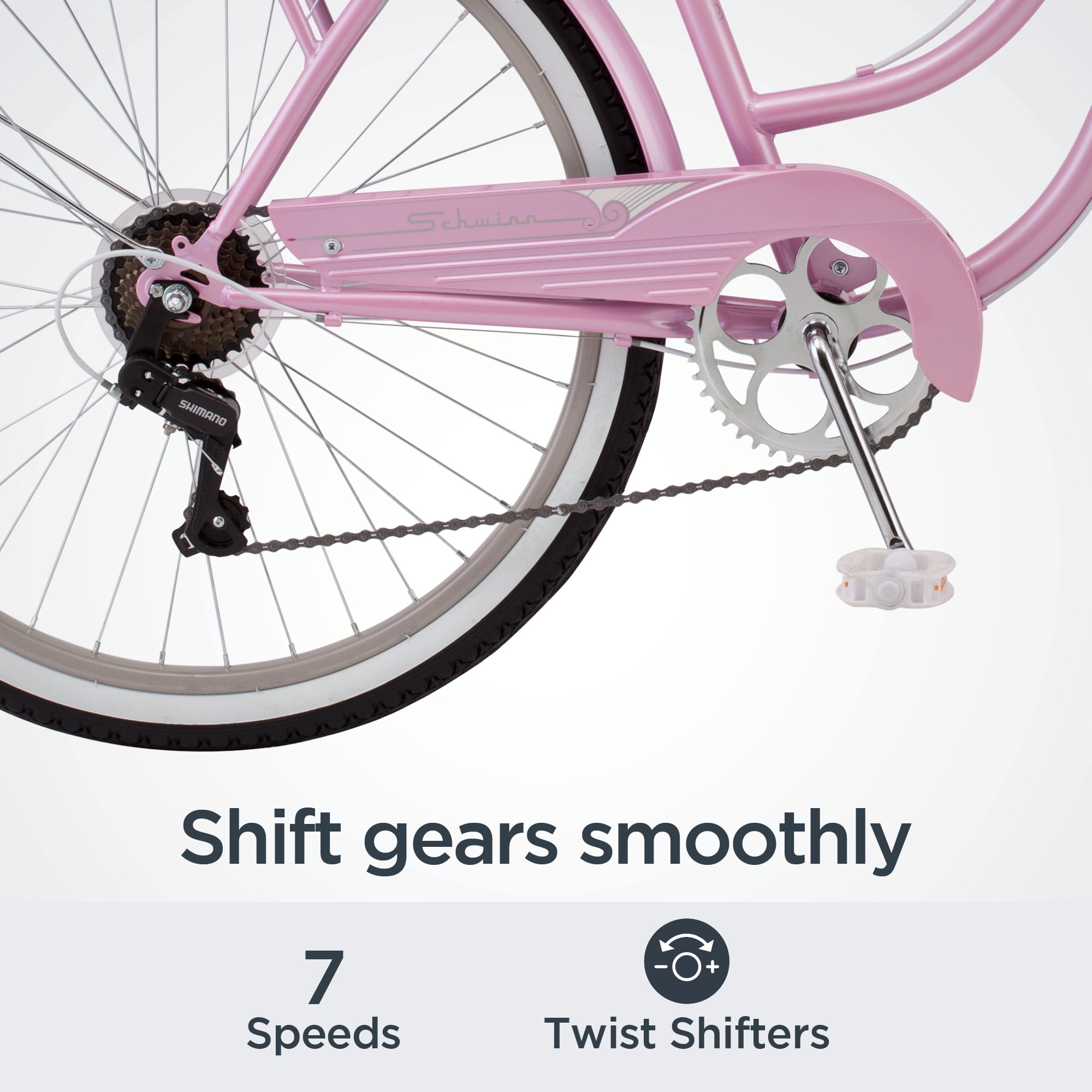 Schwinn Perla Cruiser Bike, 7-Speed Step-Thru Frame, Comfortable Upright Riding Position (Pink, 26 in) fo6l2