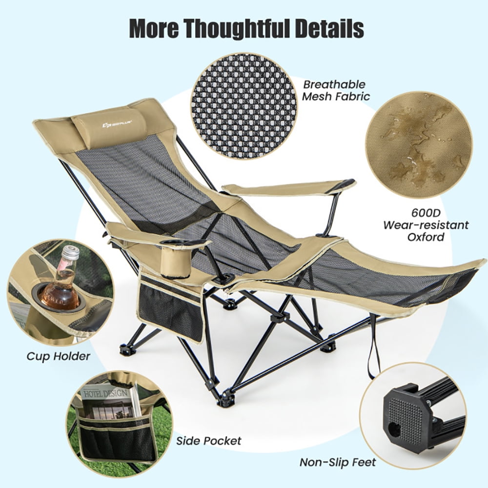 Barara King Folding Camping Lounge Chair with Detachable Footrest and Adjustable Backrest (Khaki, One Size) r4nmc