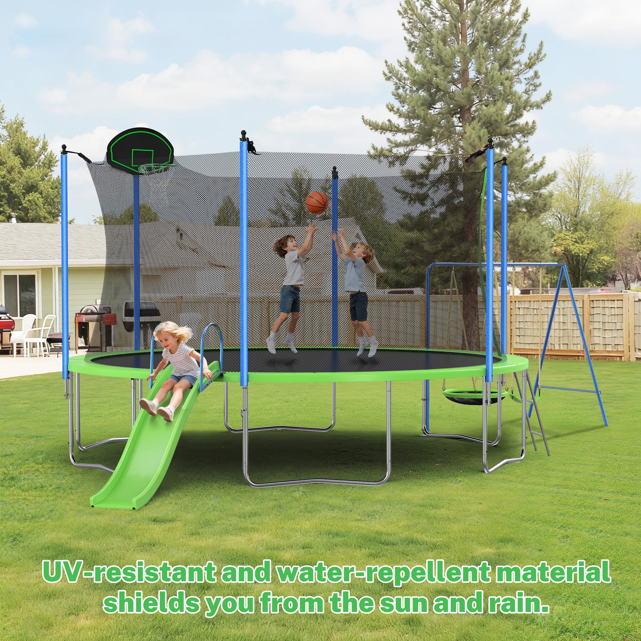 Segmart 12 ft Recreational Trampoline with Slide, Swing, Basketball Hoop, and Safety Net (Green, 12 ft) 7yjpy