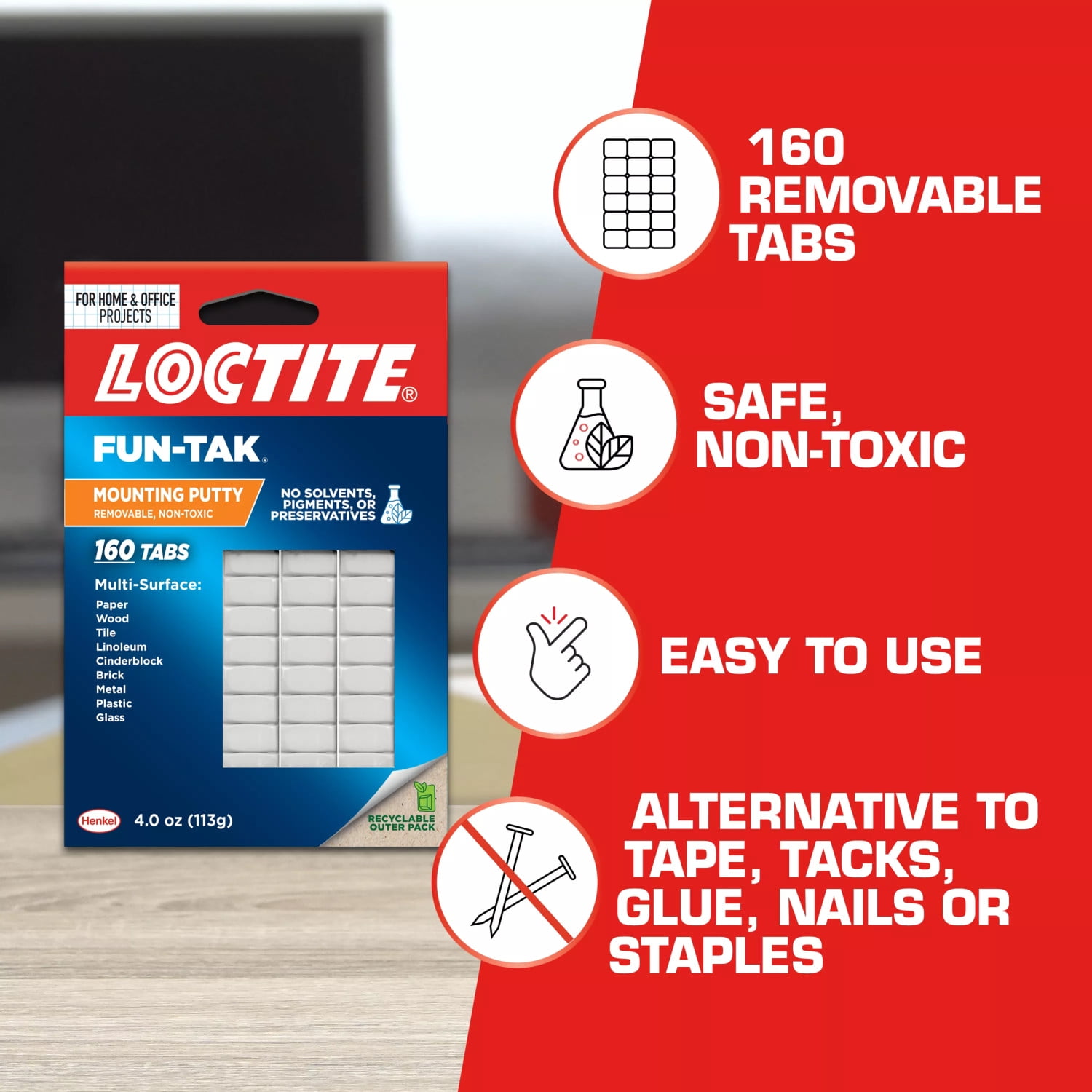 Loctite Fun-Tak Mounting Putty, Reusable Adhesive for Wall Decor (White, 4 oz) 4qvn3
