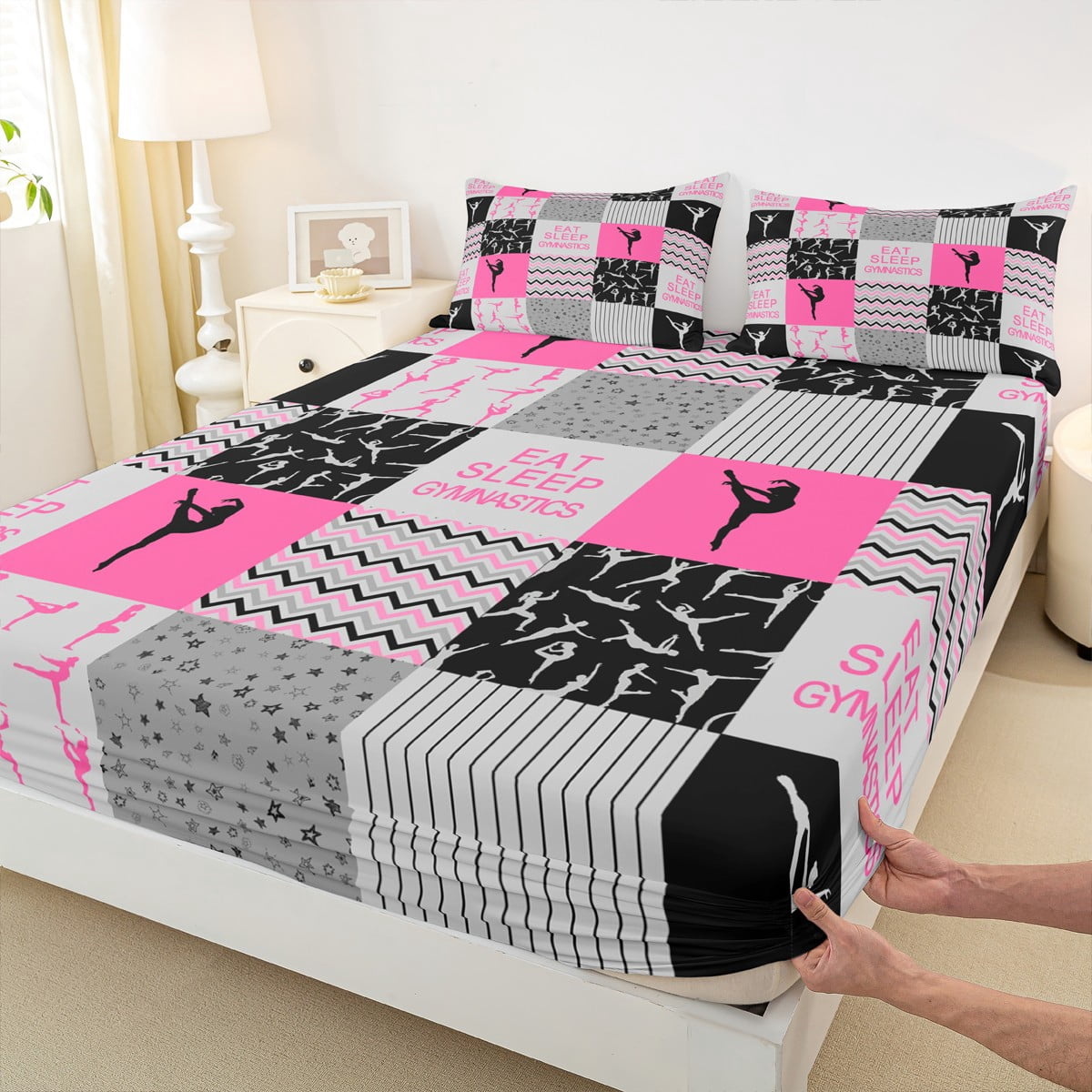 Manfei Sport Theme Twin Sheet Set, Gymnastics Pattern Bedding with Pink Geometric Wave Lines (3-Piece Set, Twin) v0xx2