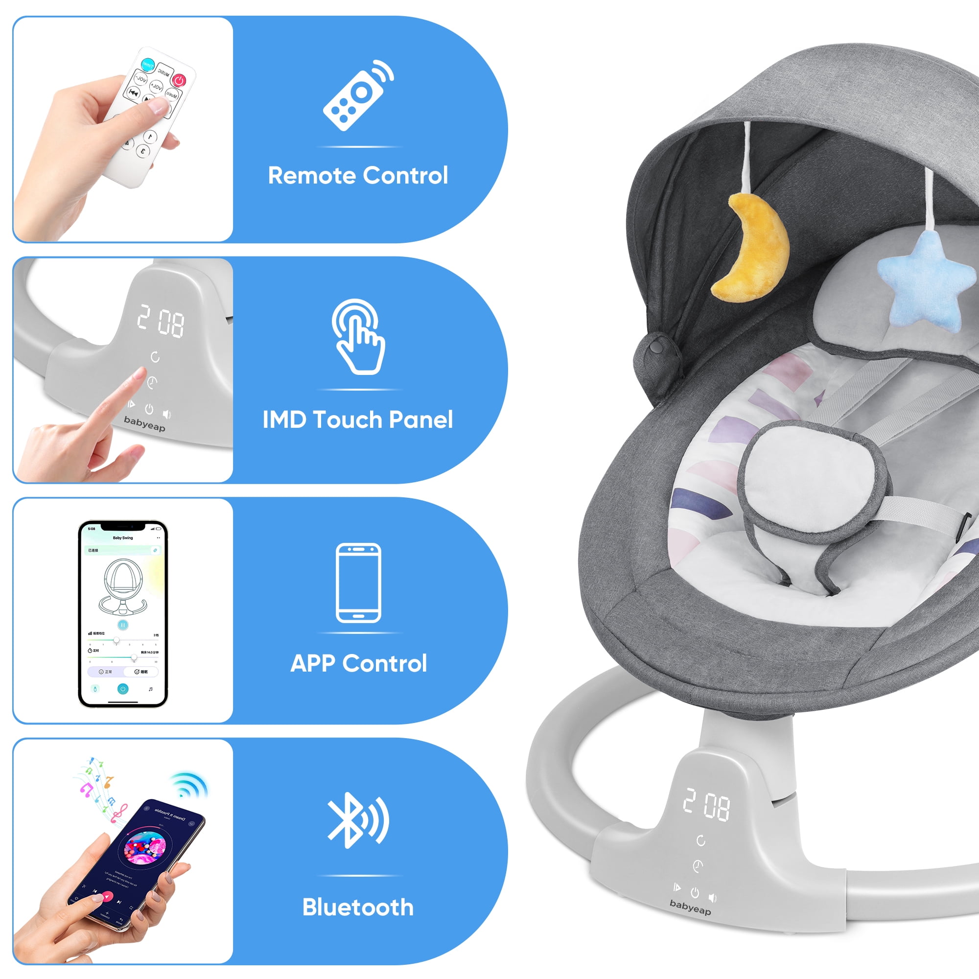 Babyeap Baby Swing for Infants with Bluetooth Remote Control and 5 Speed Settings (Gray) kq2zo