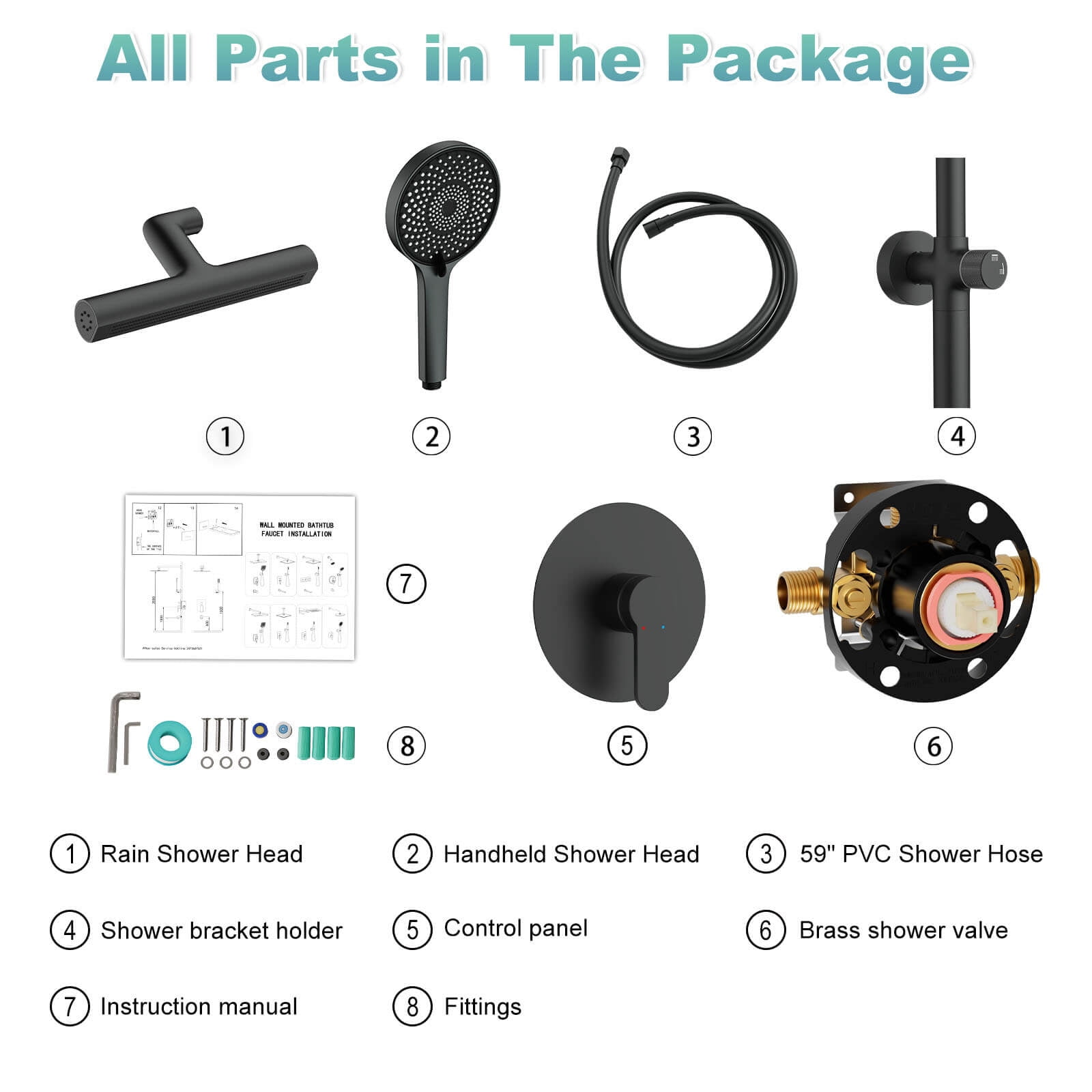 Giving Tree Wall Bar Shower System with 360° Rotating Fixed Head and 6-Spray Handheld (Matte Black) 5ernq