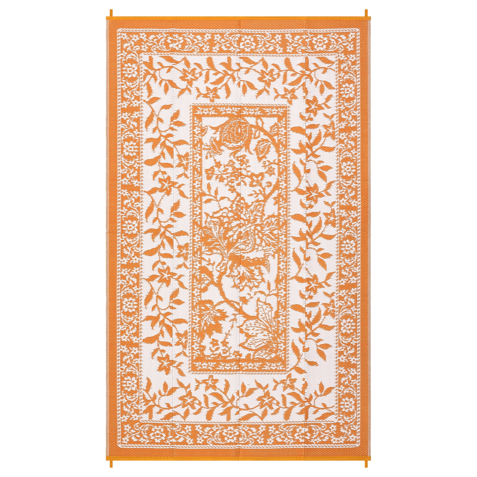 NANAN Outdoor Rug, Waterproof Plastic Straw Patio Mat, Botanical Floral Pattern for Deck Beach RV (Orange White, 8 ft x 10 ft) 542lf