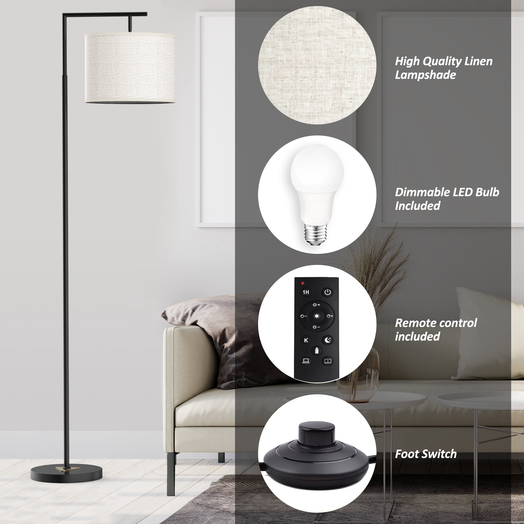 Jurulu Modern Arc Floor Lamp with Remote Control, Adjustable Linen Shade, Dimmable LED Standing Light (White, 61 in) cs74o