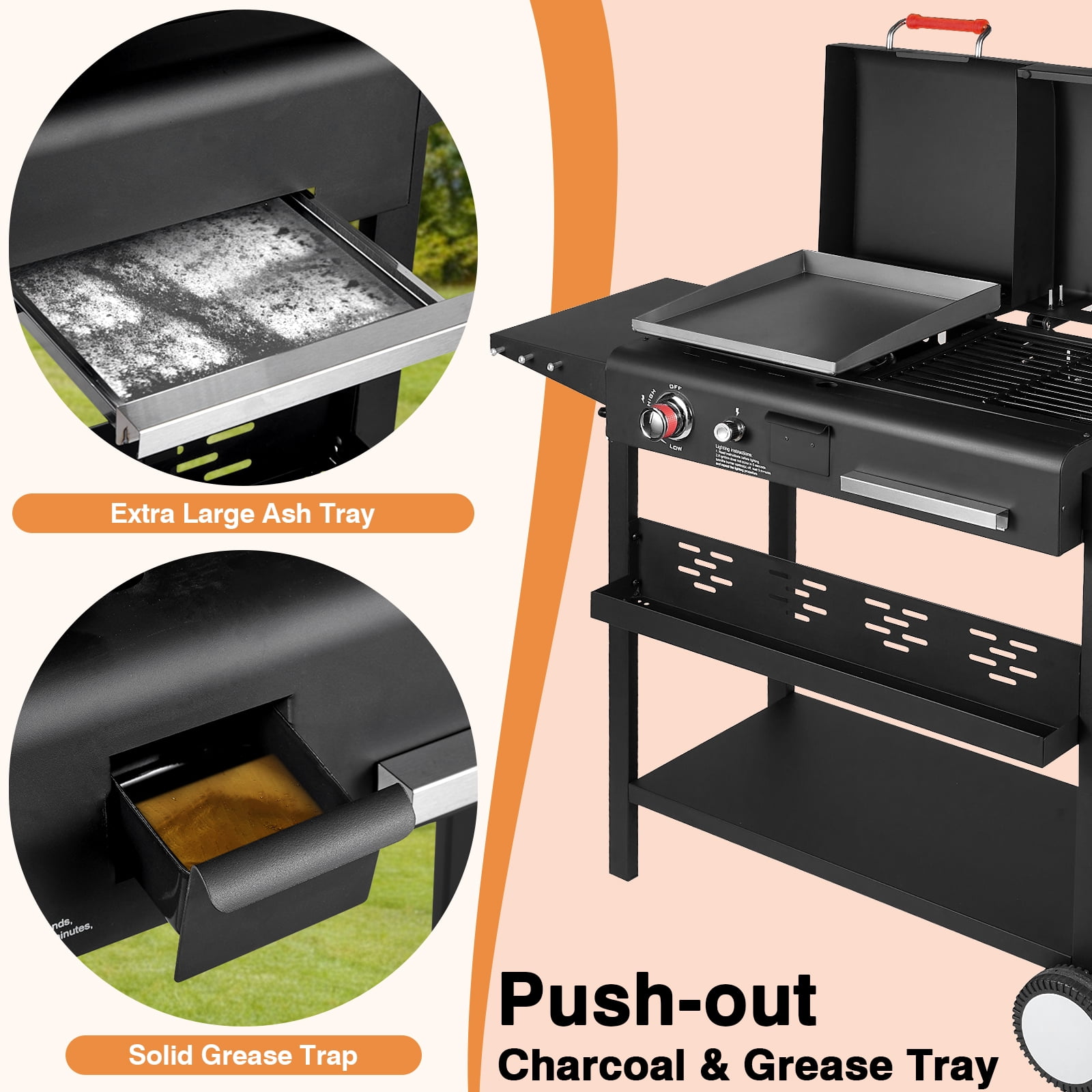 SIXDAYSOX Dual Fuel Charcoal and Propane Grill Combo with Dual Lids (Black, 327 sq in) 3sz05