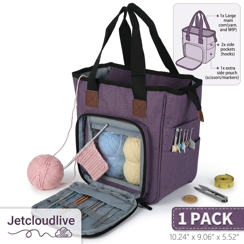 Jetcloudlive Yarn Storage Tote, Knitting Project Organizer Bag with Needle Compartments (Small, 5.7 in x 5.5 in) 6wxs1