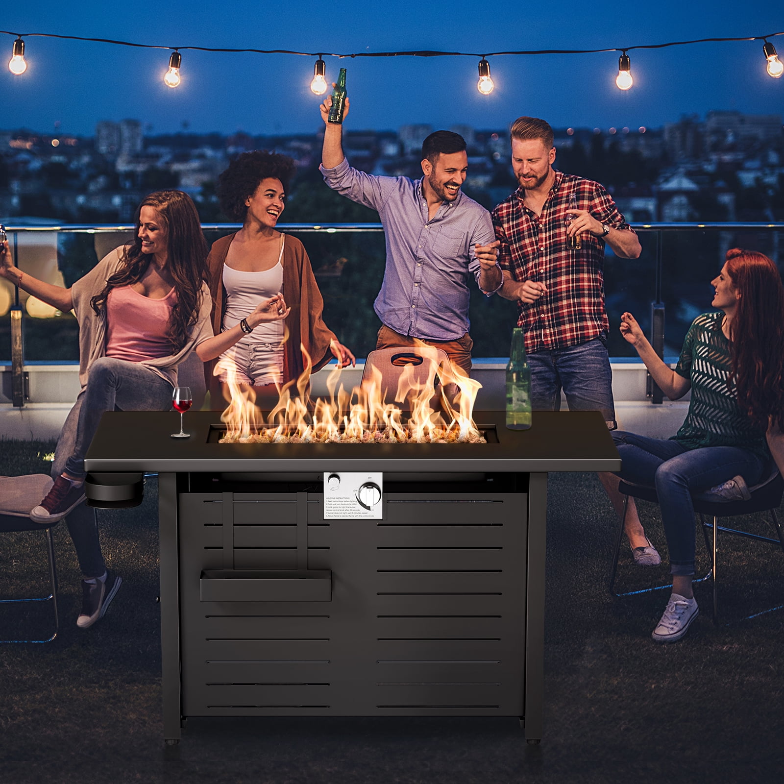KingChii 45 in Propane Fire Pit Table with Lid and Lava Stone, 60,000 BTU Steel Gas Fire Pit for Outdoor Patio (Black, 45 in) dbp4b