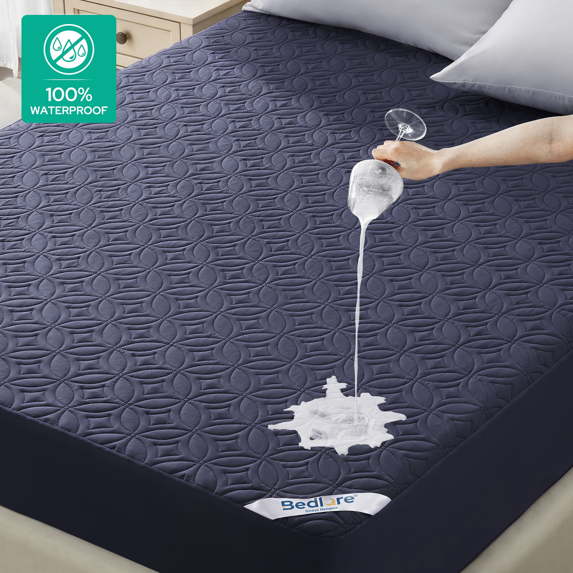 BEDLORE Waterproof Mattress Protector, Breathable Fitted Mattress Pad Cover, Soft Hypoallergenic Microfiber (Navy Blue, Queen Size) pn1gn