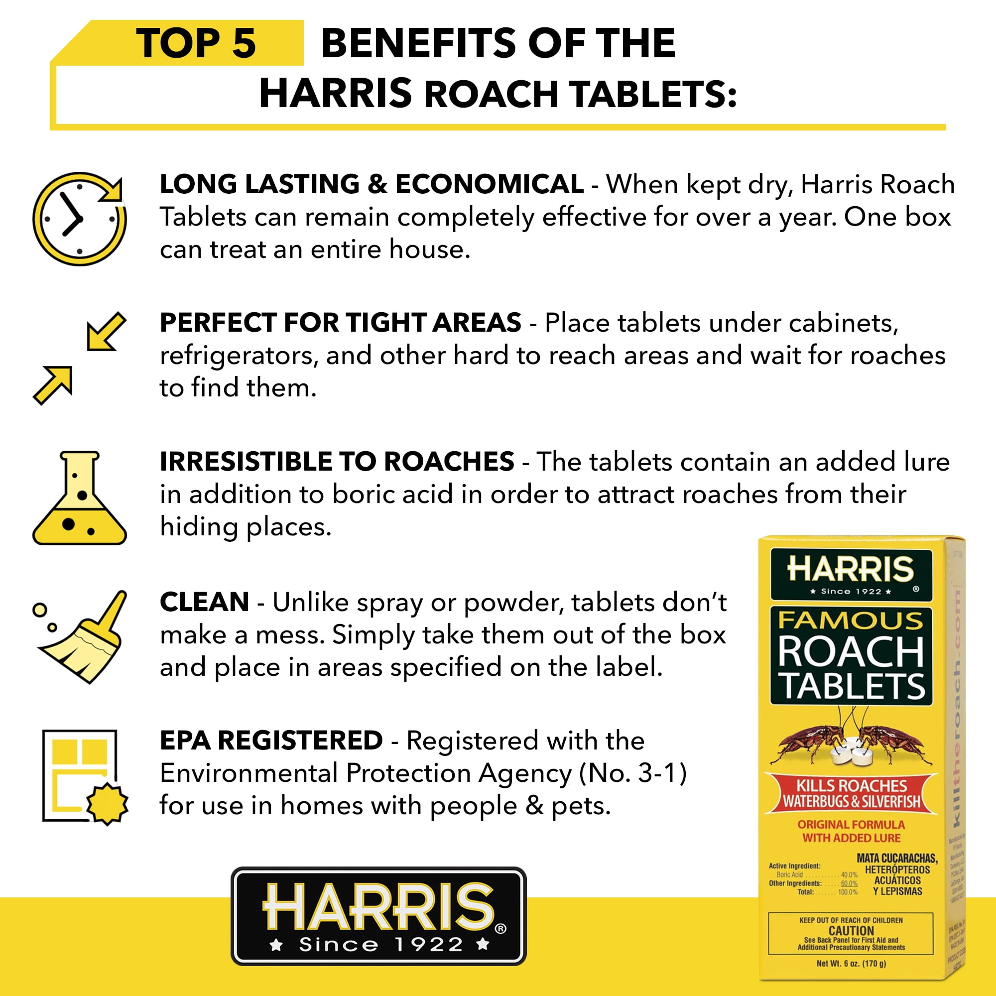 Harris Roach & Silverfish Killer Tablets, Long-Lasting Pest Control Treatment (6 oz) y4r2c