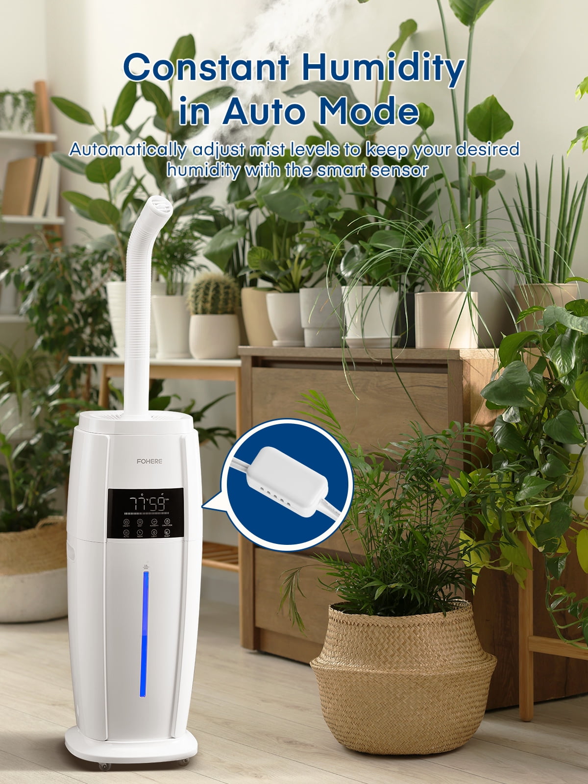 FOHERE Cool Mist Tower Humidifier for Large Rooms, Whole House Ultrasonic Humidifier with Remote Control (White, 4.8 gal) 29esc