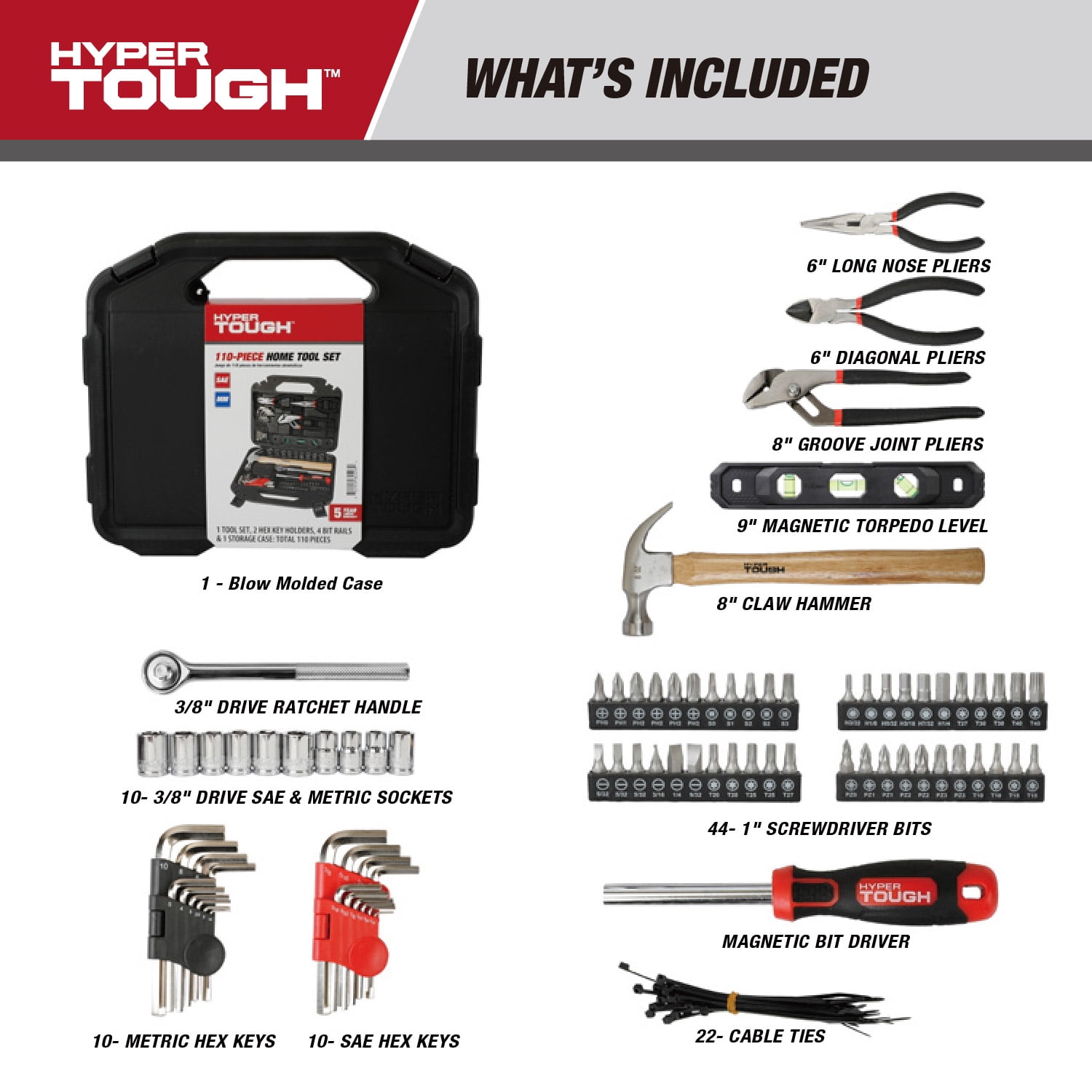 Hyper Tough 110-Piece Home Project Tool Set, Heavy-Duty DIY Repair Kit with Storage Case (Red, 110-Piece) 4lg5q