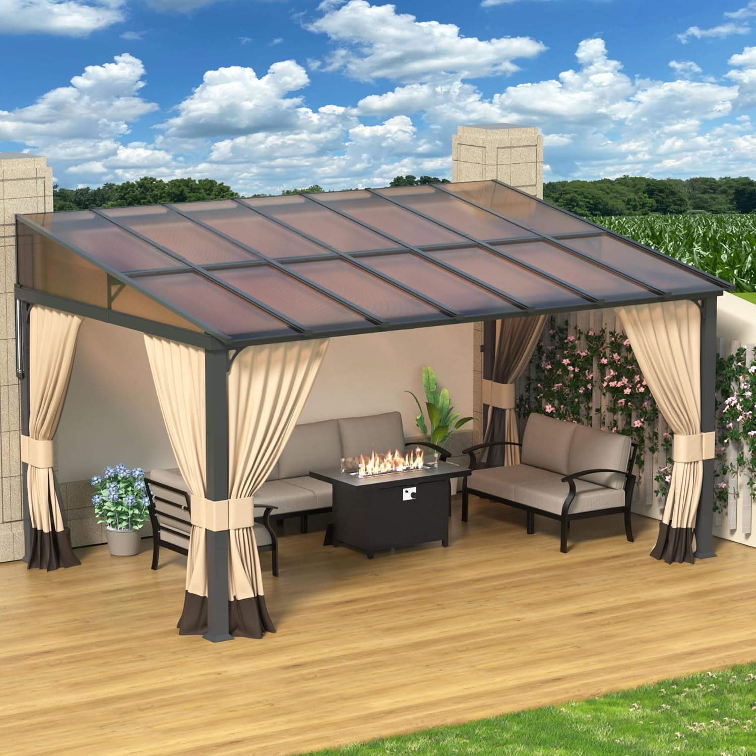ALAULM Wall Mount Hardtop Gazebo with Curtains and Netting, Outdoor Patio Pergola (Sand, 10 ft x 14 ft) d3rk4