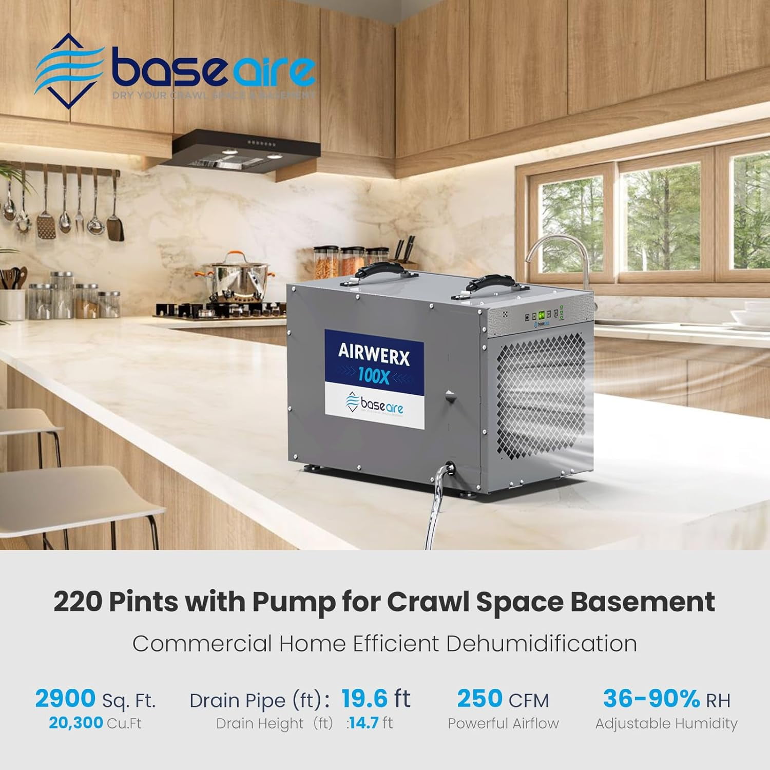 BaseAire Commercial Crawlspace Dehumidifier with Built-in Pump and Drain Hose (Grey, 220 Pints) 70mvq