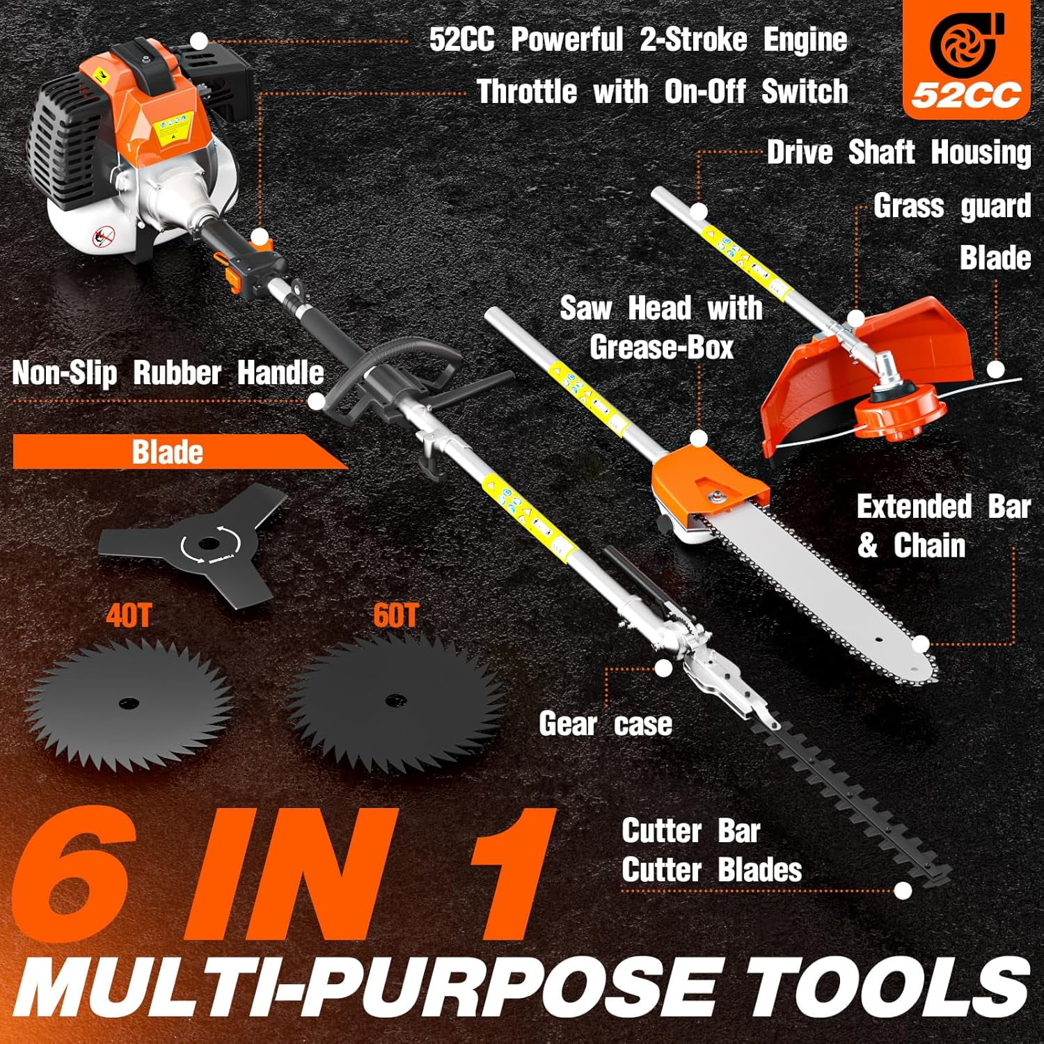 Baotree 52cc 2-Stroke 6-in-1 Gas Powered Multi-Tool Trimmer and Edger (Orange, 39.4 in Extension Pole) potq7