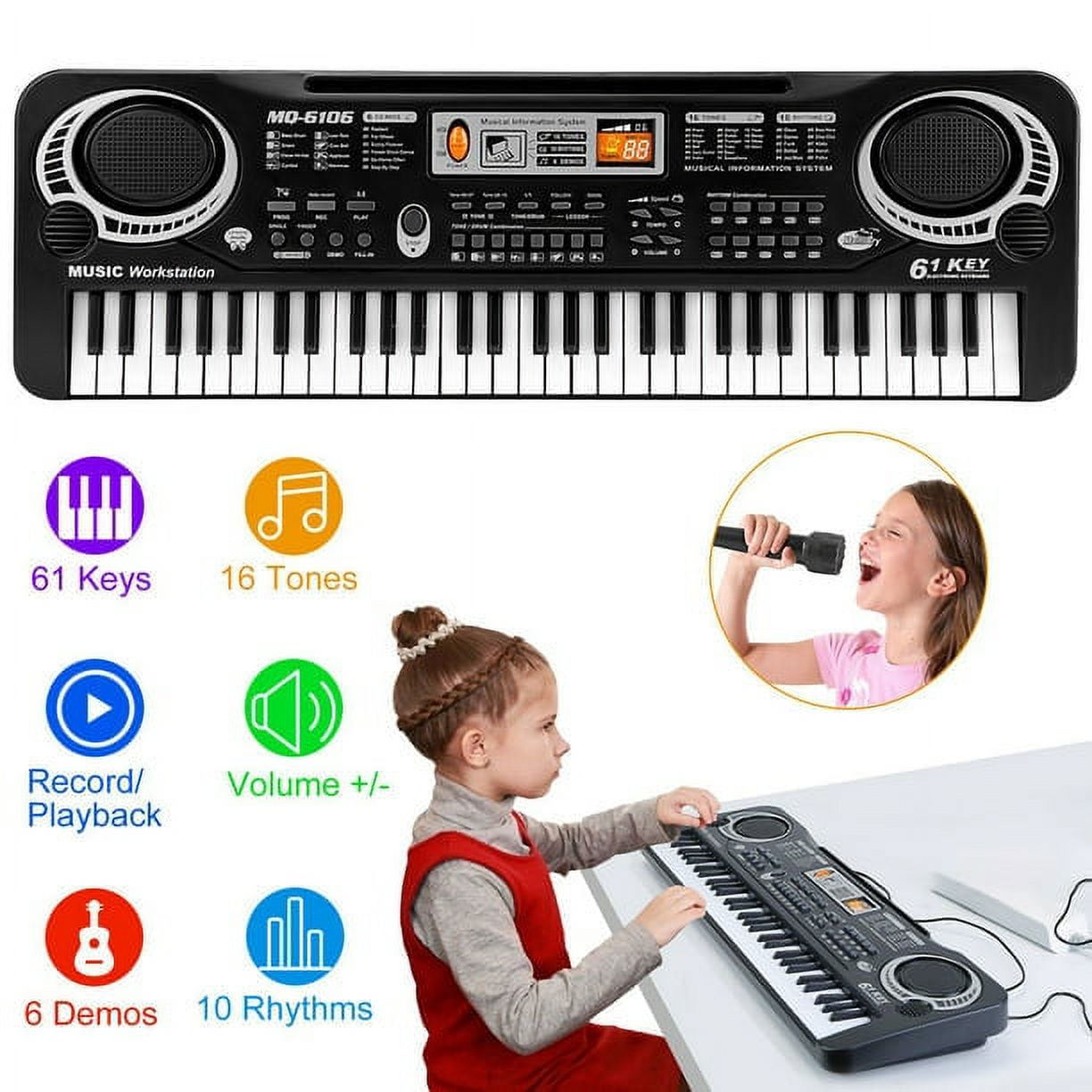 Haokaini 61-Key Electronic Piano Keyboard for Kids with Microphone (Black, 21.3x6.7x2.1 in) jwyct