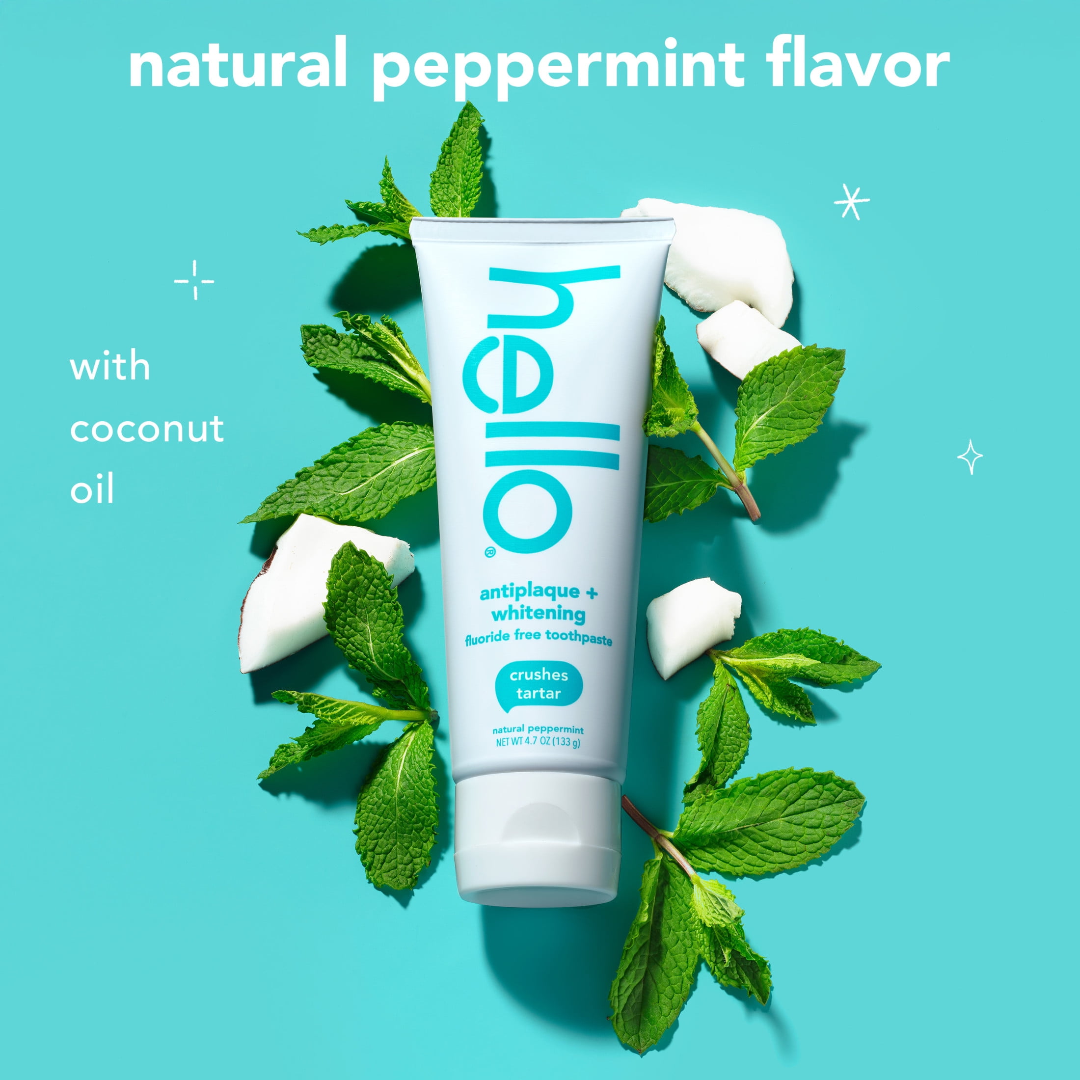 Hello Antiplaque and Whitening Fluoride Free Toothpaste, Natural Peppermint (4.7 oz) 70by1