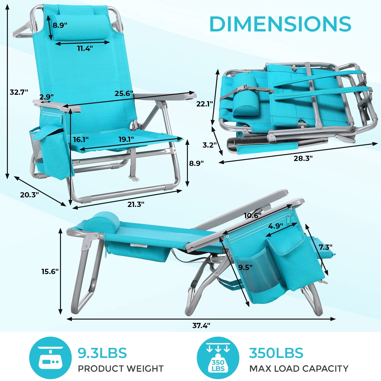 Pirecart Foldable Backpack Beach Chair with 5-Position Recline, Cooler Pouch, and Headrest (Sky Blue, 25 in Wide) 0mr13