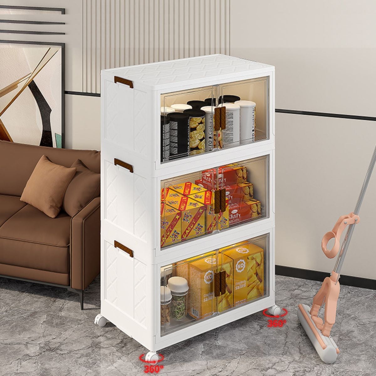 Jiarui 3 Tier Stackable Storage Bins with Lids, Collapsible Drawer Closet Organizer with Wheels (White, 32.3 in Height) jp3md