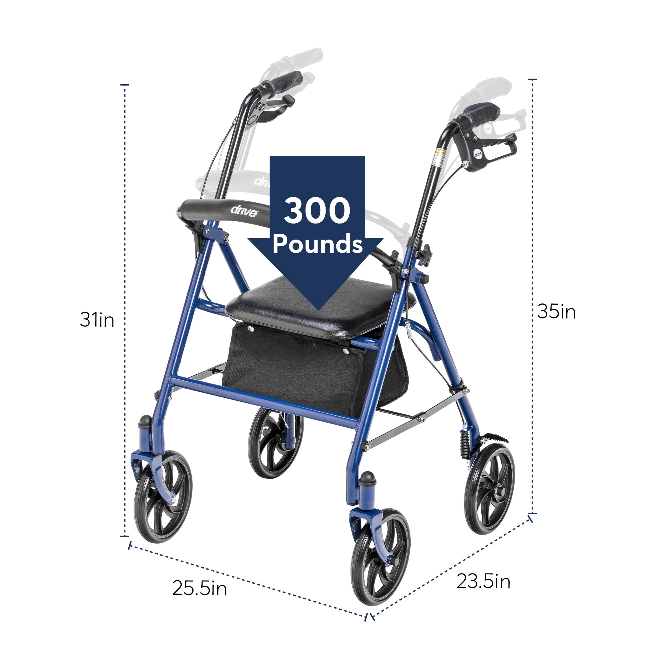 Drive Medical Four Wheel Rollator Rolling Walker with Fold Up Removable Back Support (Blue, 300 lb Capacity) n9qml