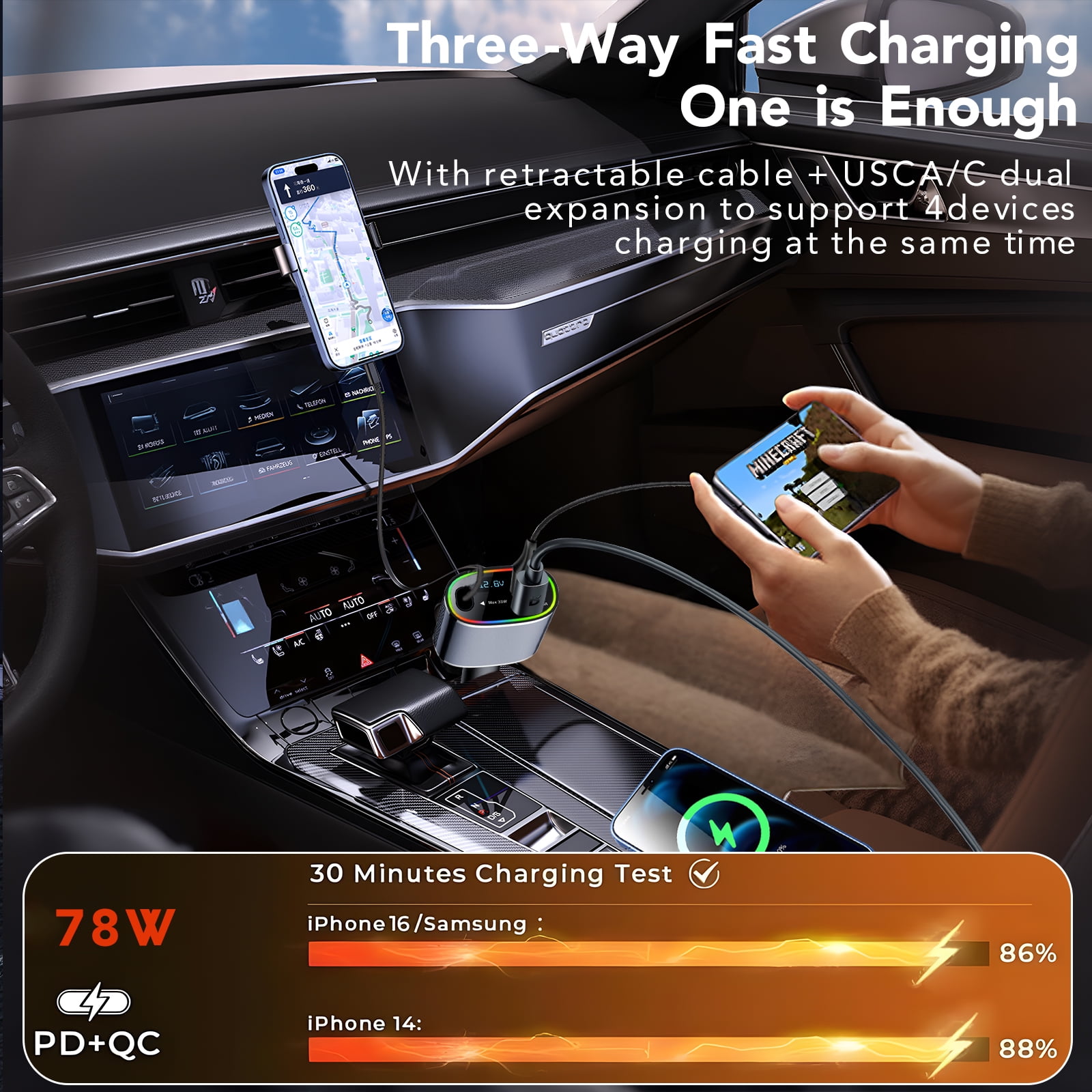 Tikland 4-in-1 Retractable Car Charger, 78W Fast Charging USB-C Adapter with 2.6ft Cord (Black) v0nuw