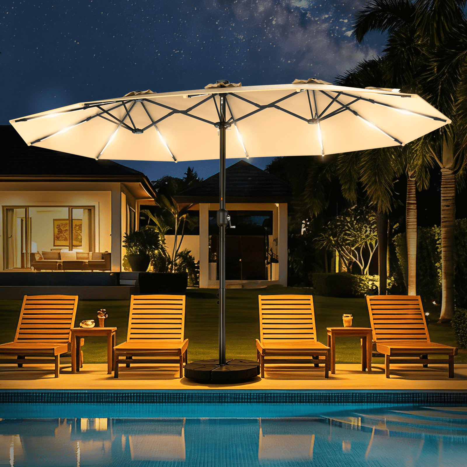TASKBAY 15ft Double-Sided Patio Umbrella with Solar LED Lights and Base (Beige, 15ft x 9ft) kxlq0