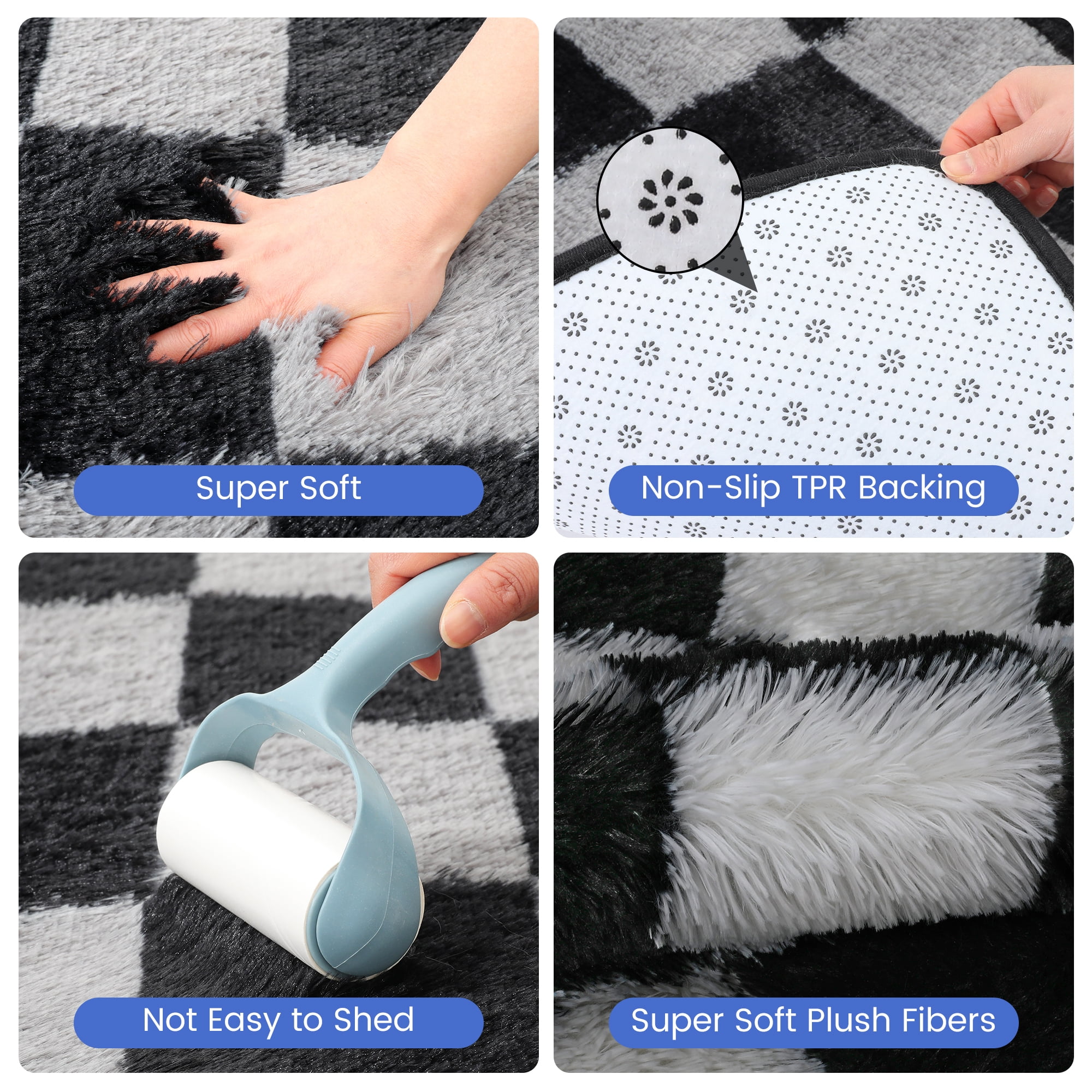 Cozydesg Shag Area Rug, Soft Fluffy Checkered Floor Carpet, Non-Slip Washable Rug for Living Room and Bedroom (Black & Grey, 5 ft x 8 ft) 1noe6