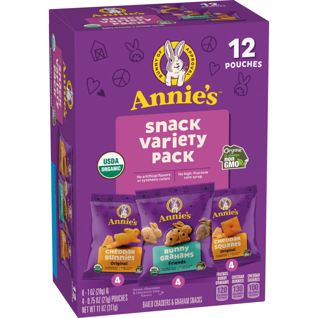 Annie's Organic Variety Snack Pack, Cheddar Bunnies, Bunny Grahams and Cheddar Squares (12 Count, 11 oz) pknp0