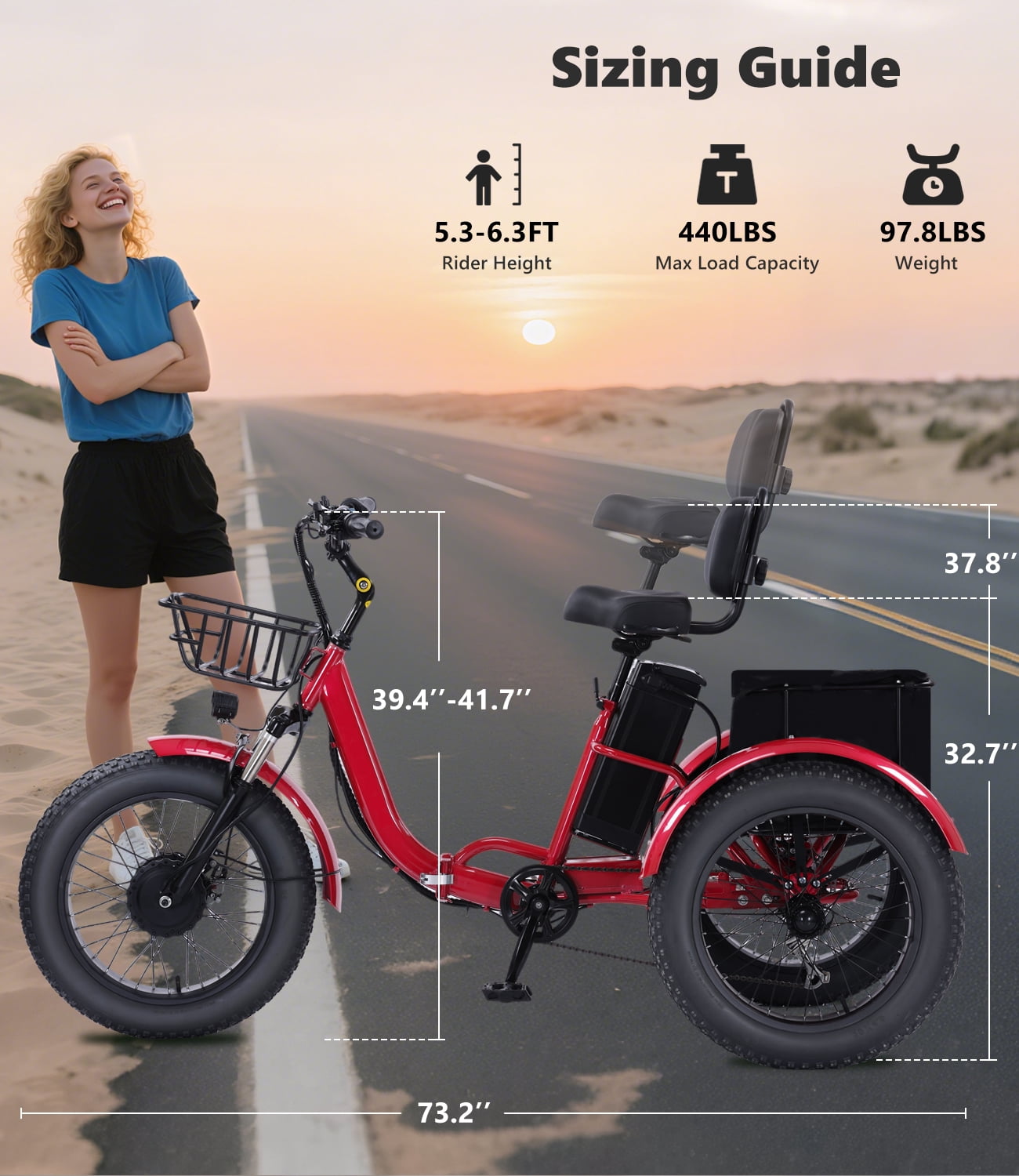 EASINGO Electric Tricycle for Adults 500W Motor 7-Speed Fat Tire E-Trike with Rear Basket (Red, 330 lb Capacity) w42tx