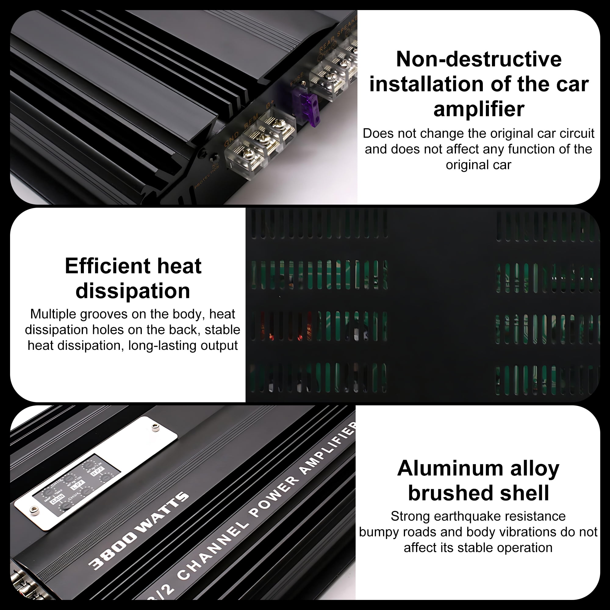 Pecham 3800W 4 Channel Car Amplifier, Digital Stereo Class A/B Audio Amp with Adjustable Bass Boost (Black, 12V) ndou7