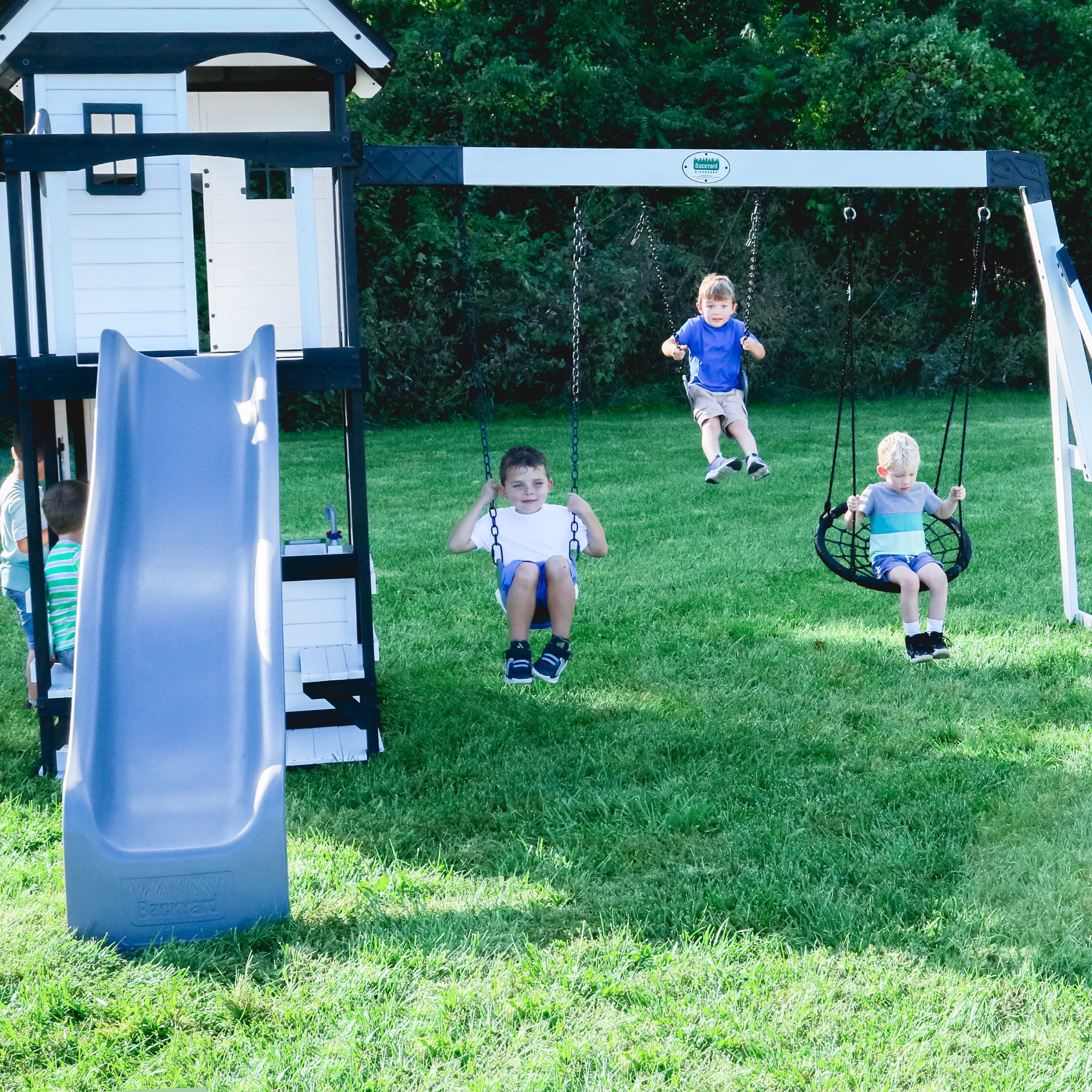 Backyard Discovery Canyon Creek Cedar Wood Swing Set with Slide, Clubhouse, and Rock Wall (White, Large) dzuh1