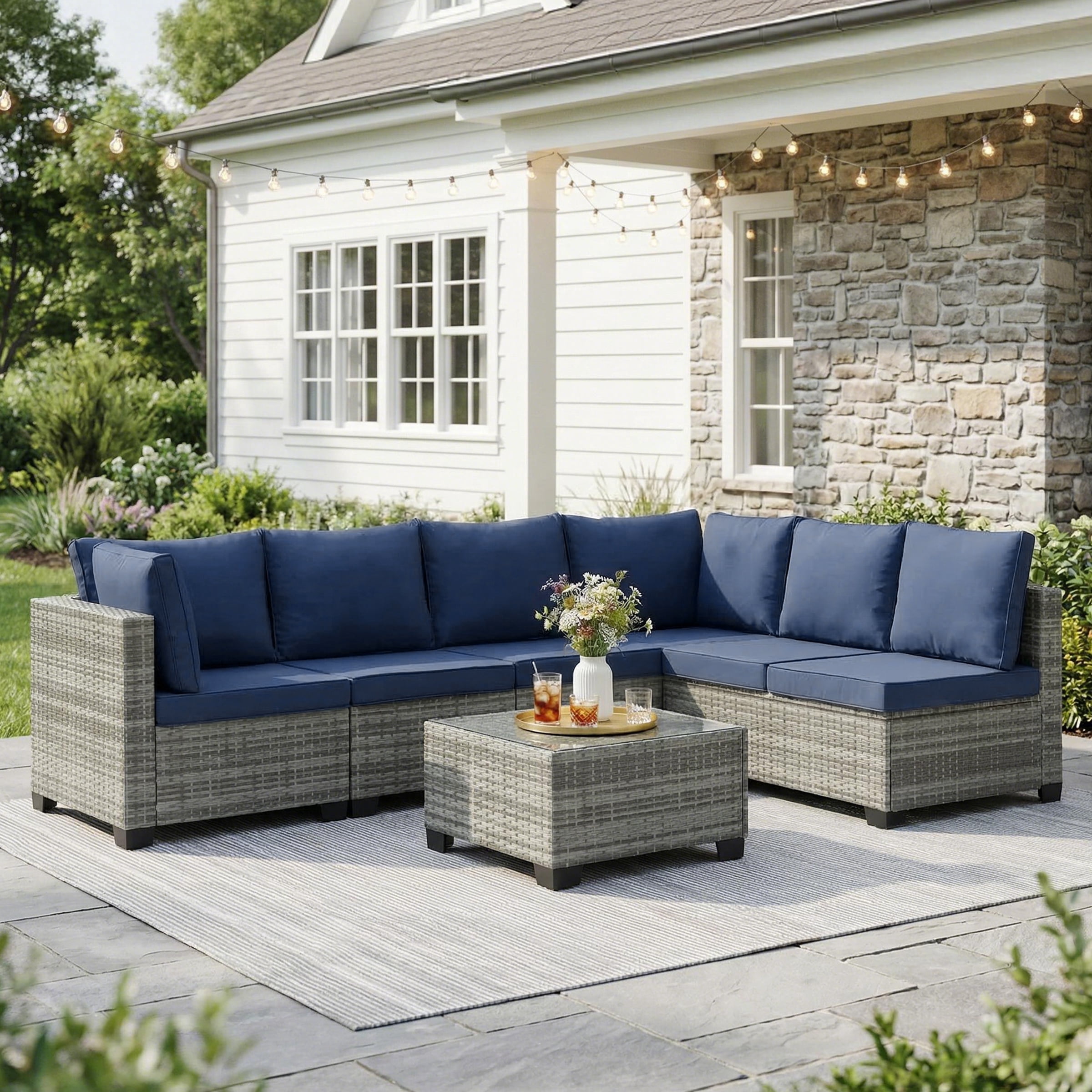 Ebello 7-Piece Modular Outdoor Patio Sectional Sofa Set with Glass Coffee Table (Navy Blue, 7-Piece) 69jwu