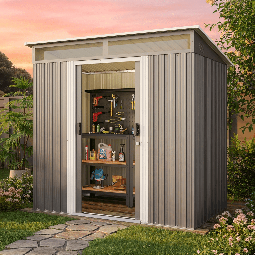 Asofer Outdoor Storage Shed, Heavy-Duty Galvanized Steel Backyard Tool Organizer with Window (Dark Gray, 77 in x 43 in x 77 in) efv4z