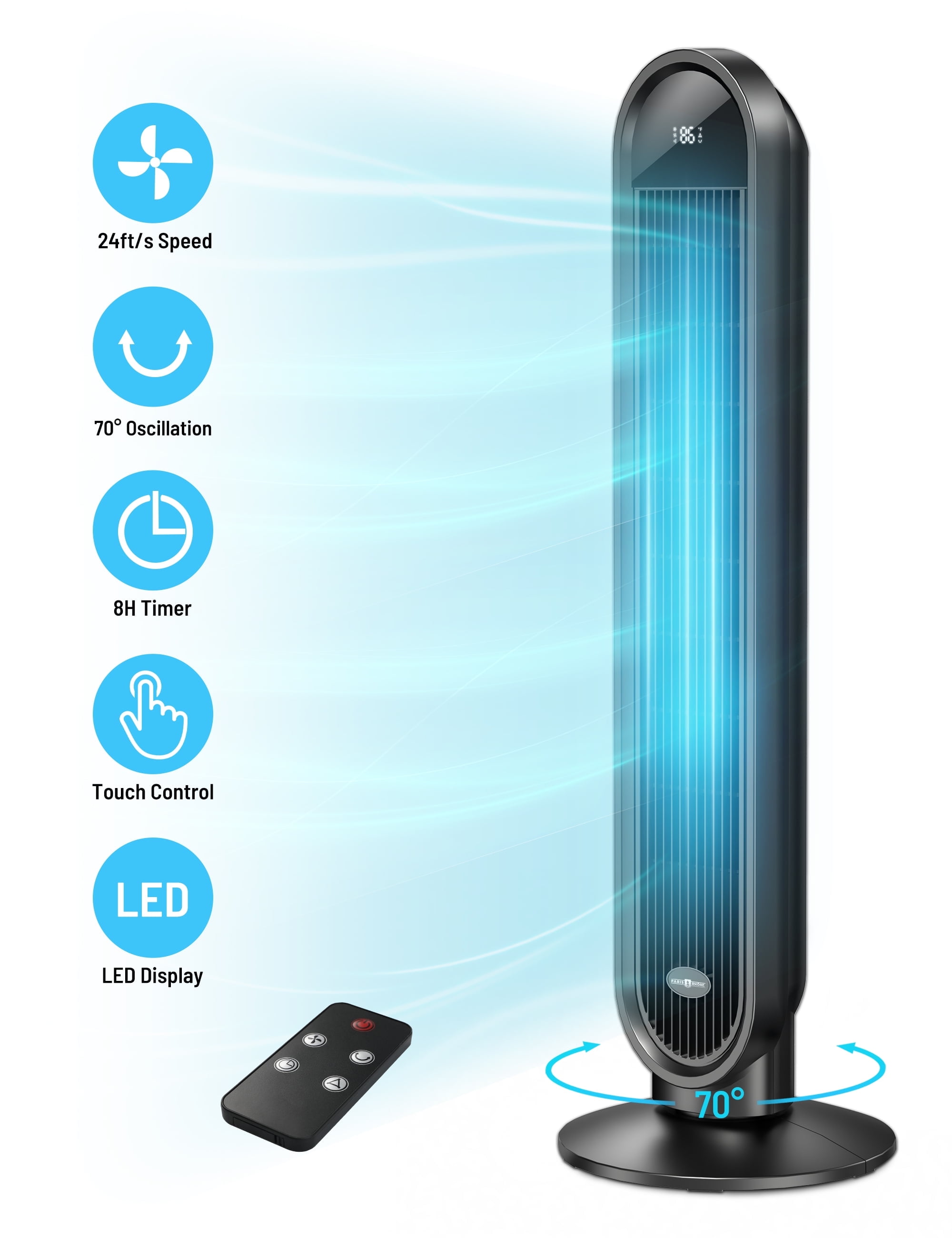 Paris Rhône Oscillating Tower Fan with Remote and LED Display (Black, 38 in) fcik9