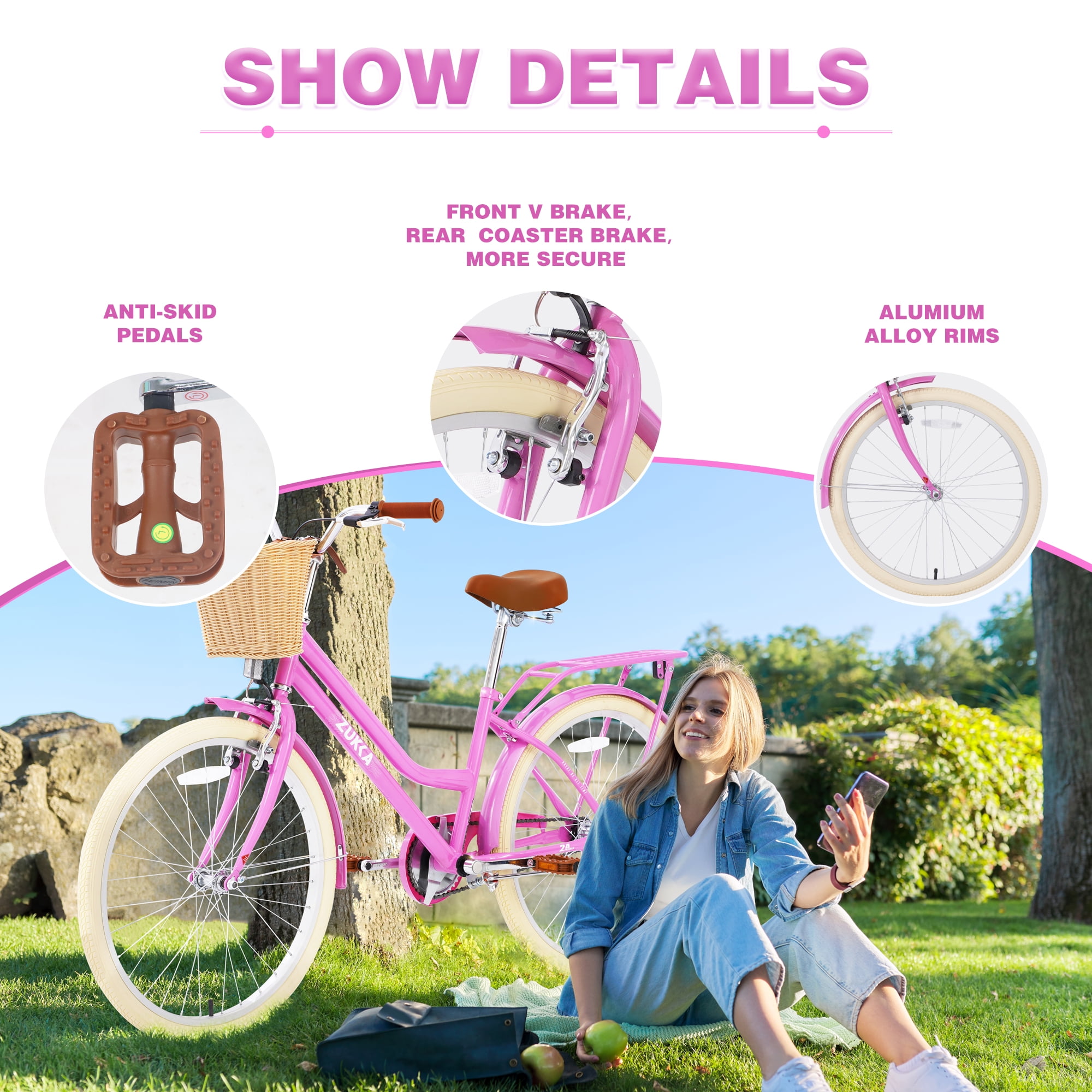 Cirayno 24 in Beach Cruiser Bike for Women, Single Speed Steel Frame City Bicycle (Purple, 24 in) 04onn