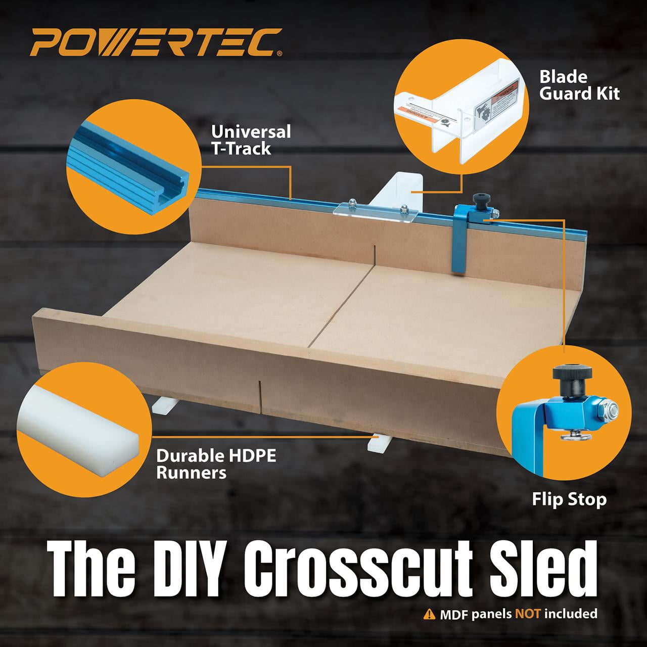 POWERTEC Table Saw Crosscut Sled DIY Kit with T-Track, Miter Bars, and Blade Guard (24 in) pe2m2