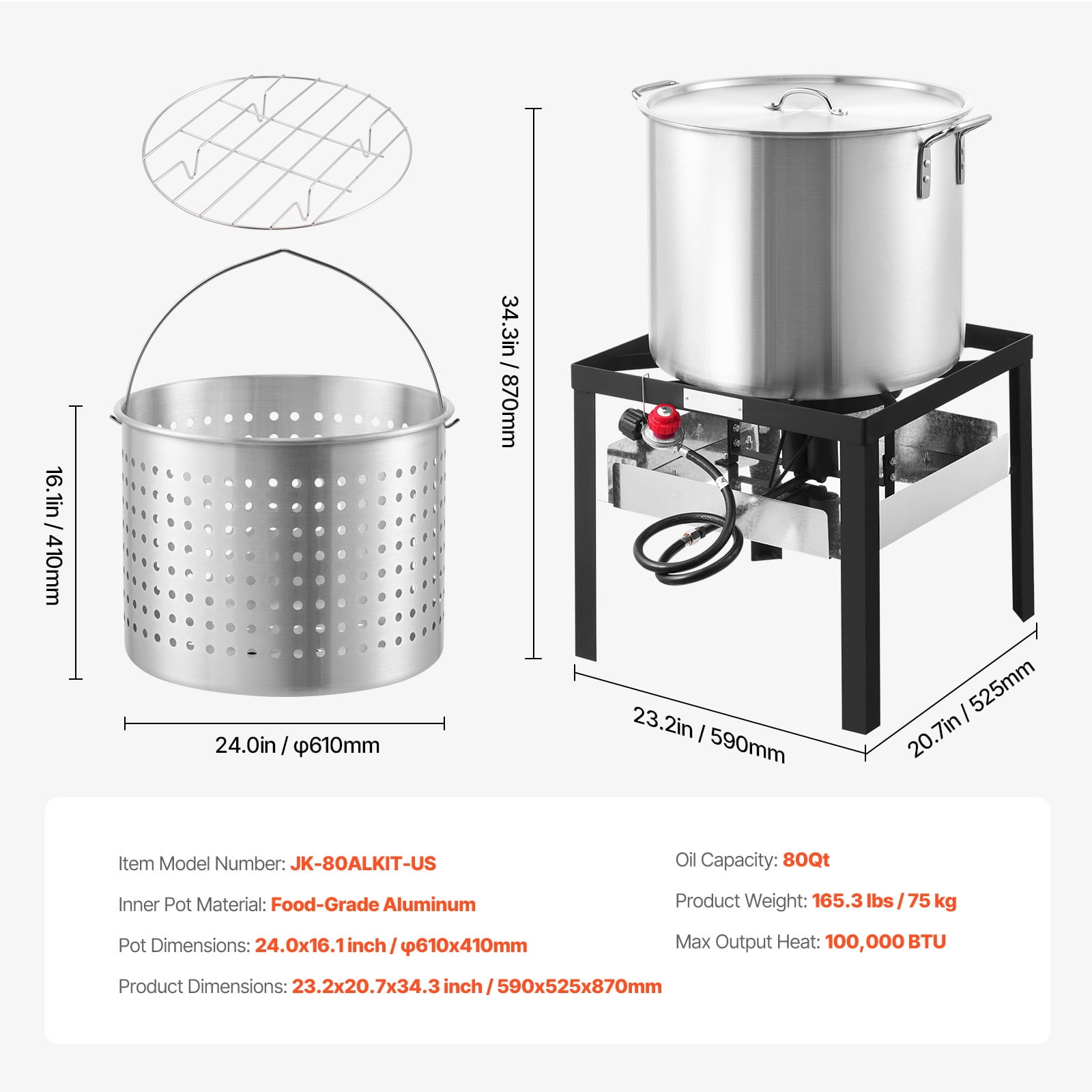 KFFKFF 80 Qt Seafood Boiling Pot Set with Propane Burner, Outdoor Culinary Kit for Crawfish and Turkey (Silver, 80 Qt) ngbaz
