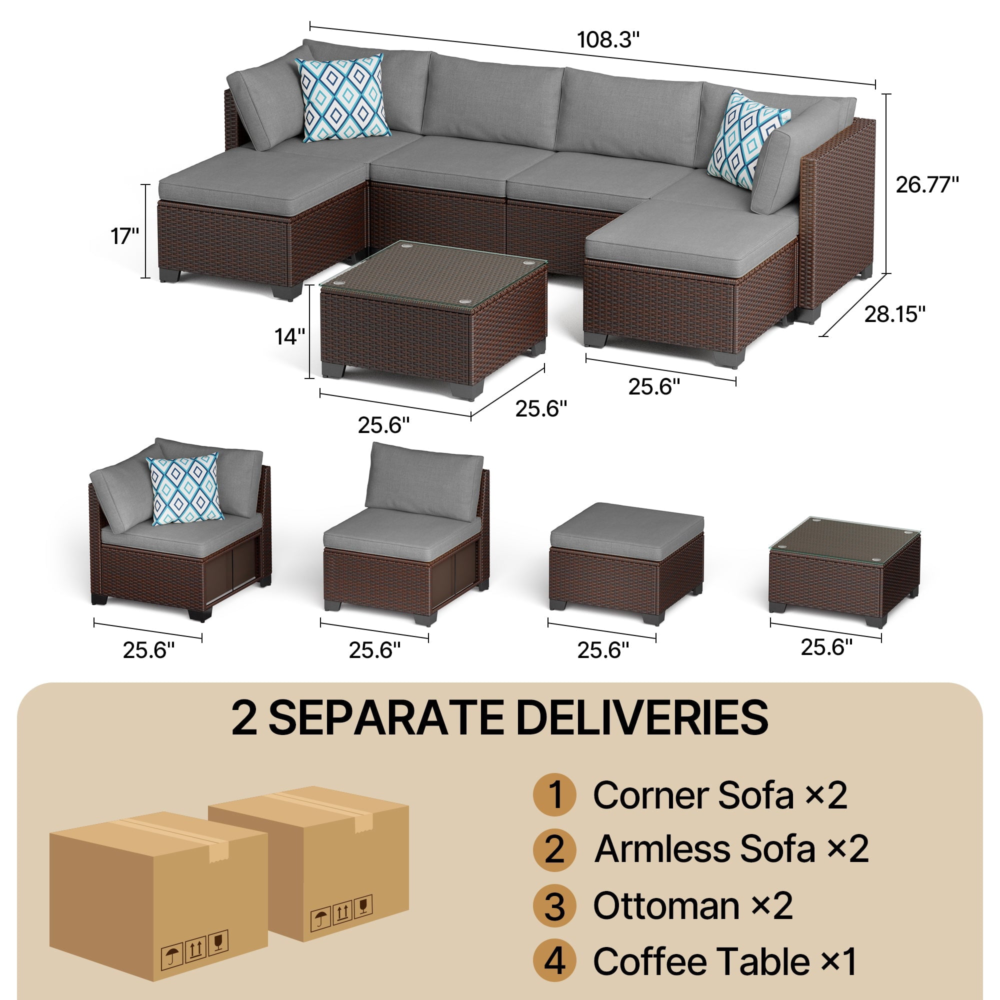 Aiho 7-Piece Patio Furniture Set, PE Rattan Outdoor Sectional Sofa with Cushions and Glass Coffee Table (Gray, 7-Piece) xw0wf