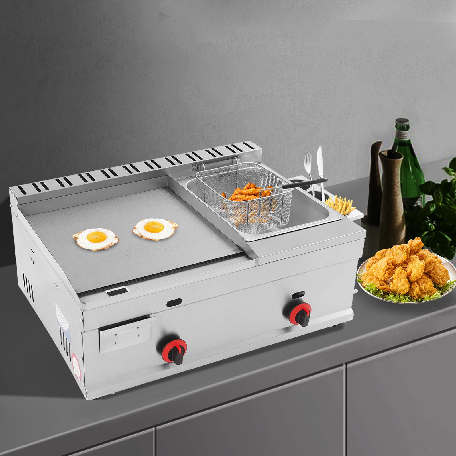 Generic Commercial Gas Propane Flat Top Grill Griddle with Deep Fryer (Silver, 1.59 gal Oil Capacity) 2m6r3