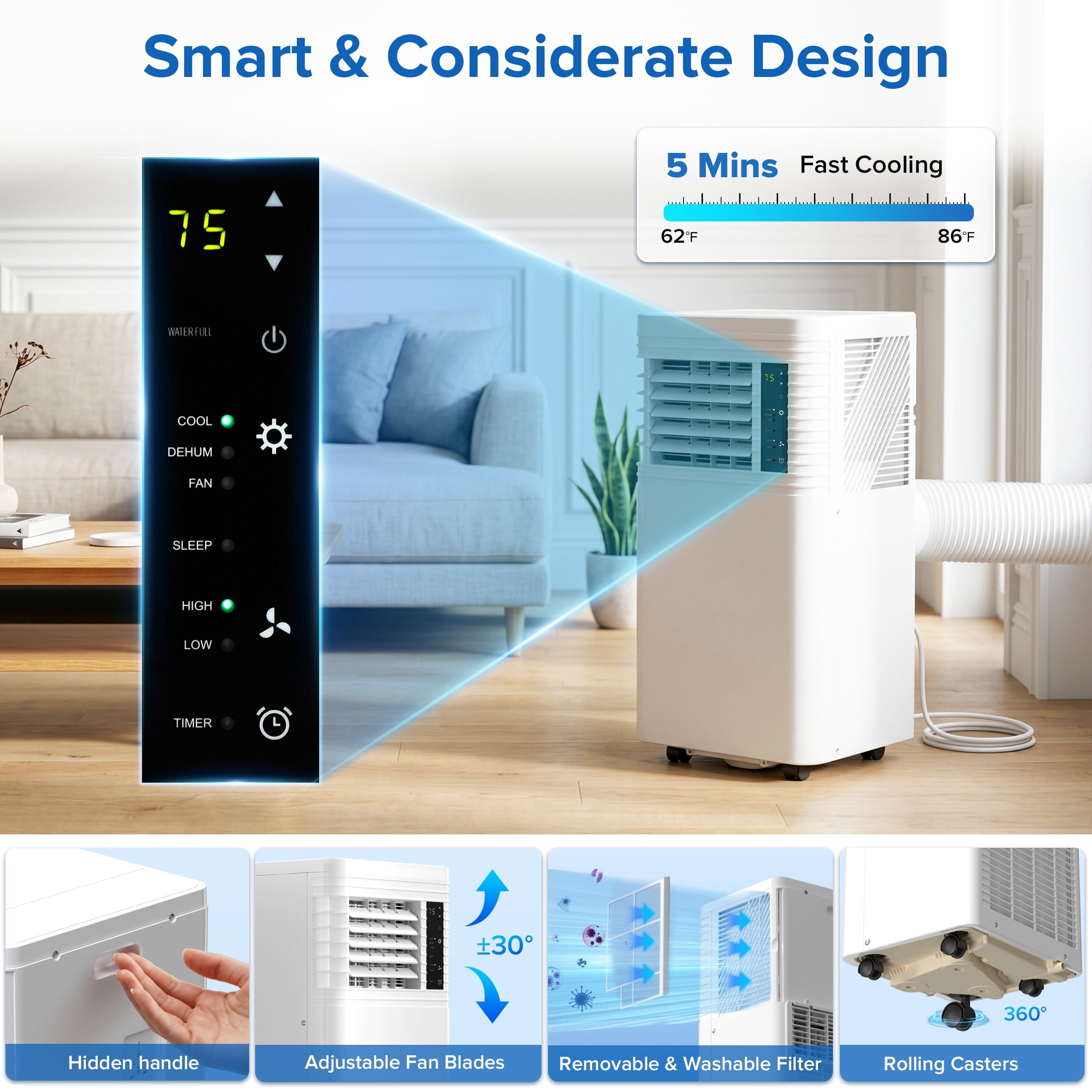 KISSAIR 8000 BTU Portable Air Conditioner, 4-in-1 Cooling Fan and Dehumidifier with Remote Control (Black, 350 sq ft) opd68