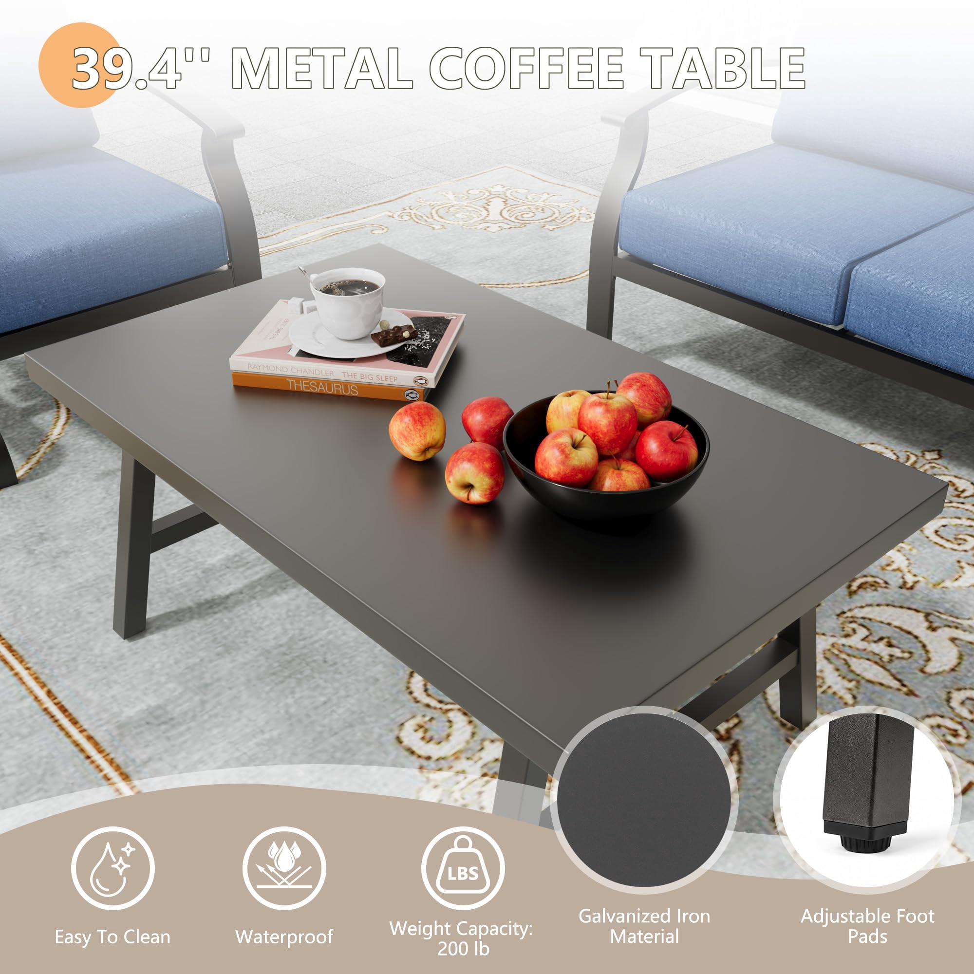 Gotland 4-Piece Metal Patio Furniture Set, Outdoor Sectional Conversation Sofa with Coffee Table (Navy Blue, 4-Piece Set) rxu6x