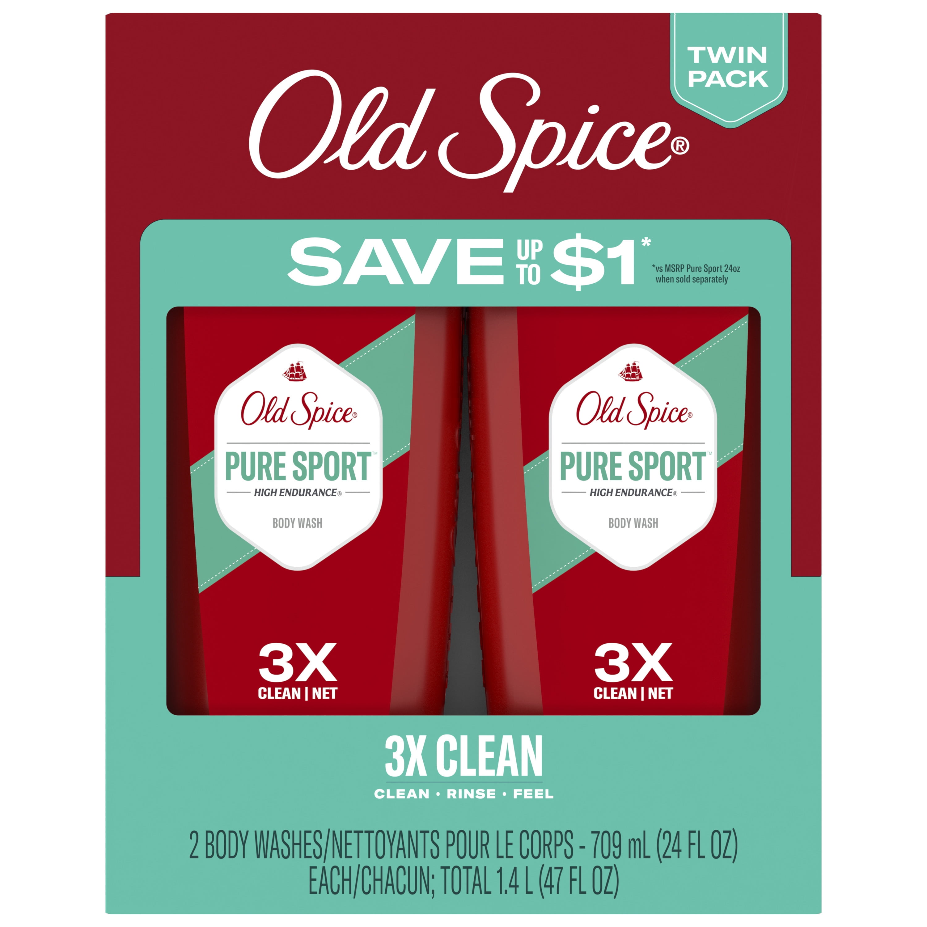 Old Spice High Endurance Men's Body Wash, Pure Sport, Long-Lasting Fresh Scent (24 fl oz, 2 Pack) f7lxk