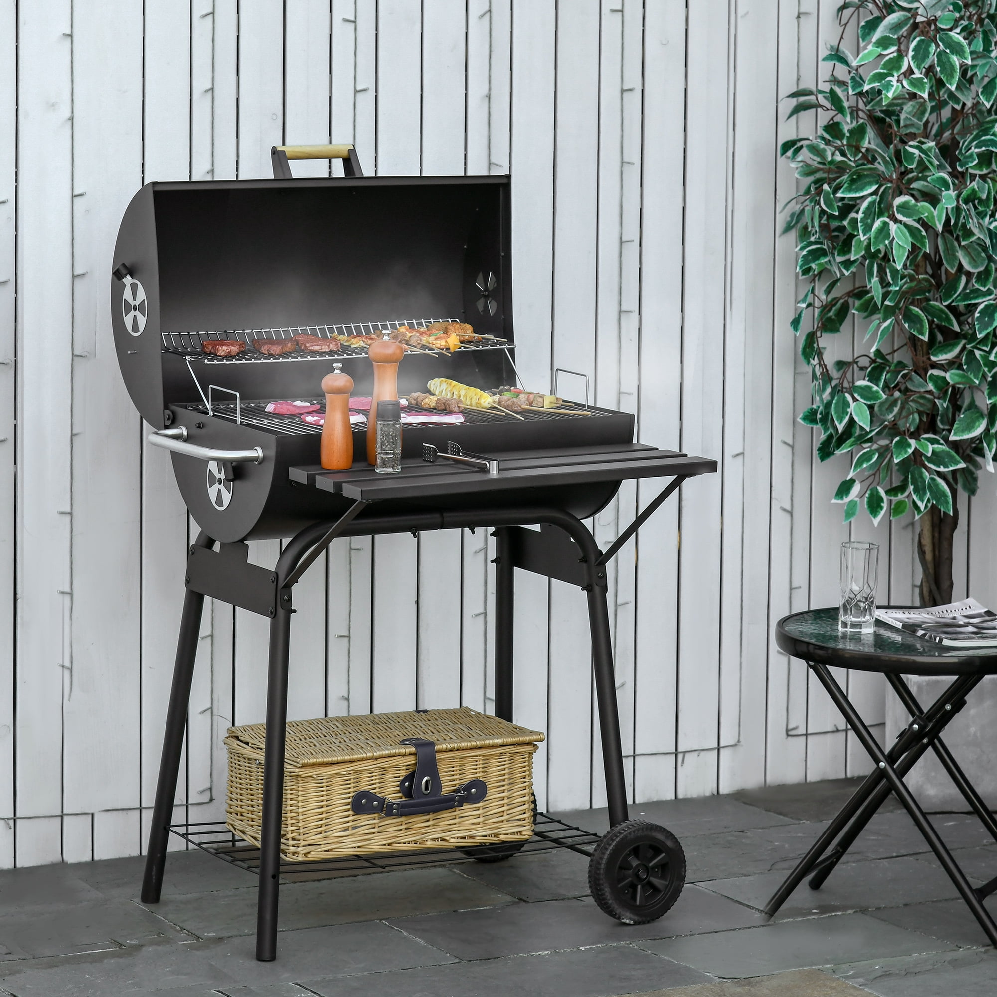 Outsunny Steel Portable Backyard Charcoal BBQ Grill and Offset Smoker Combo (Black, 30.75 in x 29 in x 40.75 in) s1gzl