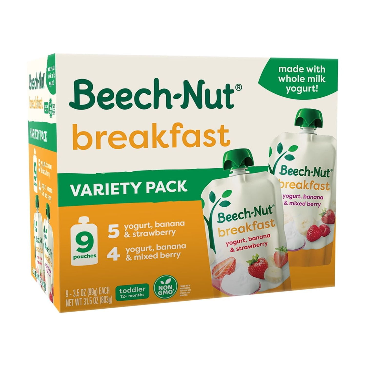 Beech-Nut Fruit & Yogurt Baby Food Pouches, Breakfast Variety Pack, Non-GMO Ingredients (3.5 oz, 9 Pack) 2xhk0
