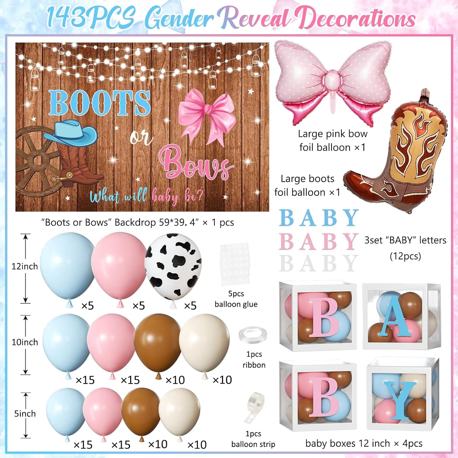 Generic Boots or Bows Gender Reveal Party Decorations (141-Piece Balloon Garland Kit, Baby Boxes, Backdrop) 7rek1