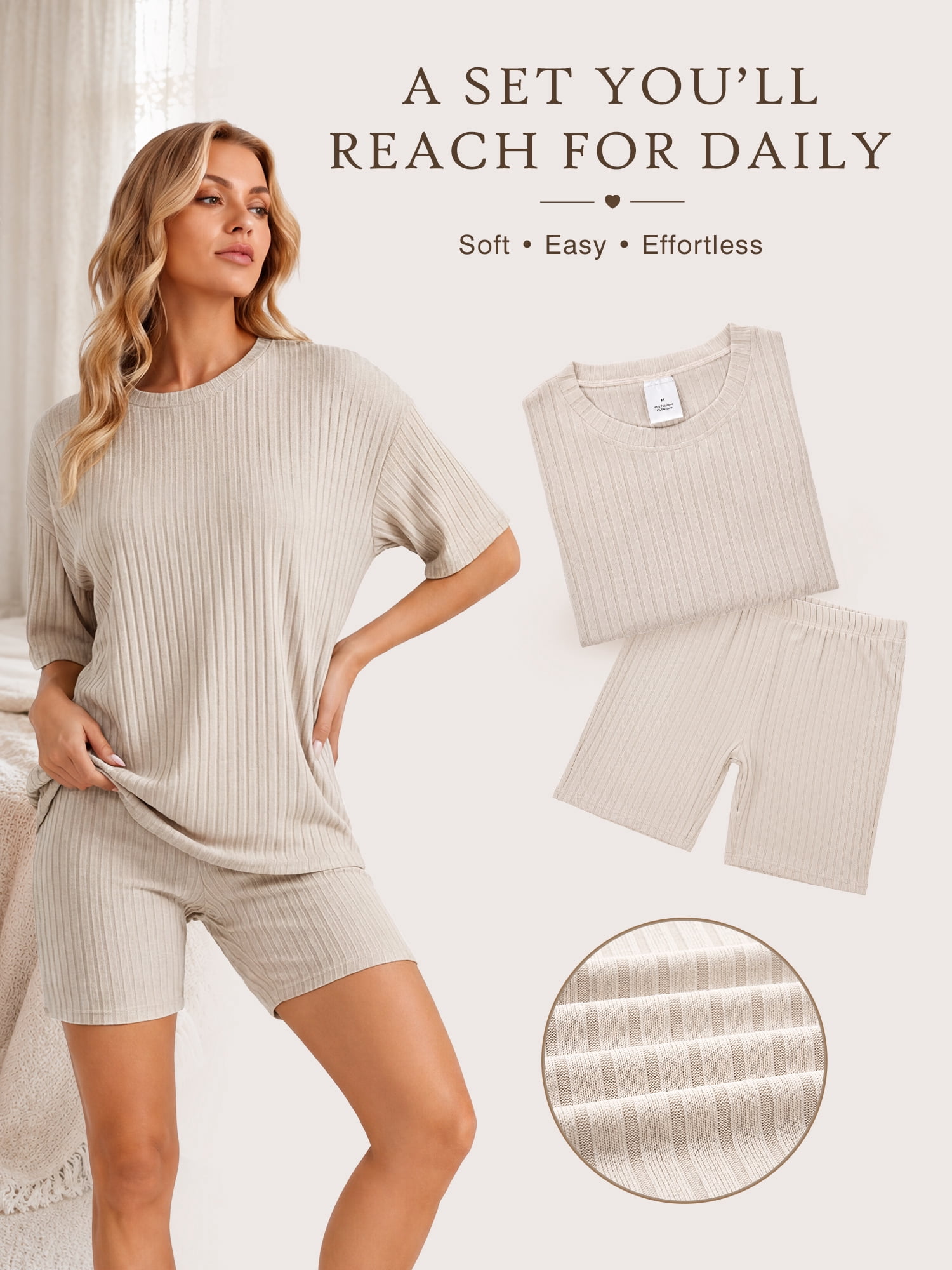 DAKIMOE Womens 2 Piece Lounge Set Ribbed Knit Oversized T-Shirt and Biker Shorts (Camel, S) 3ut7z