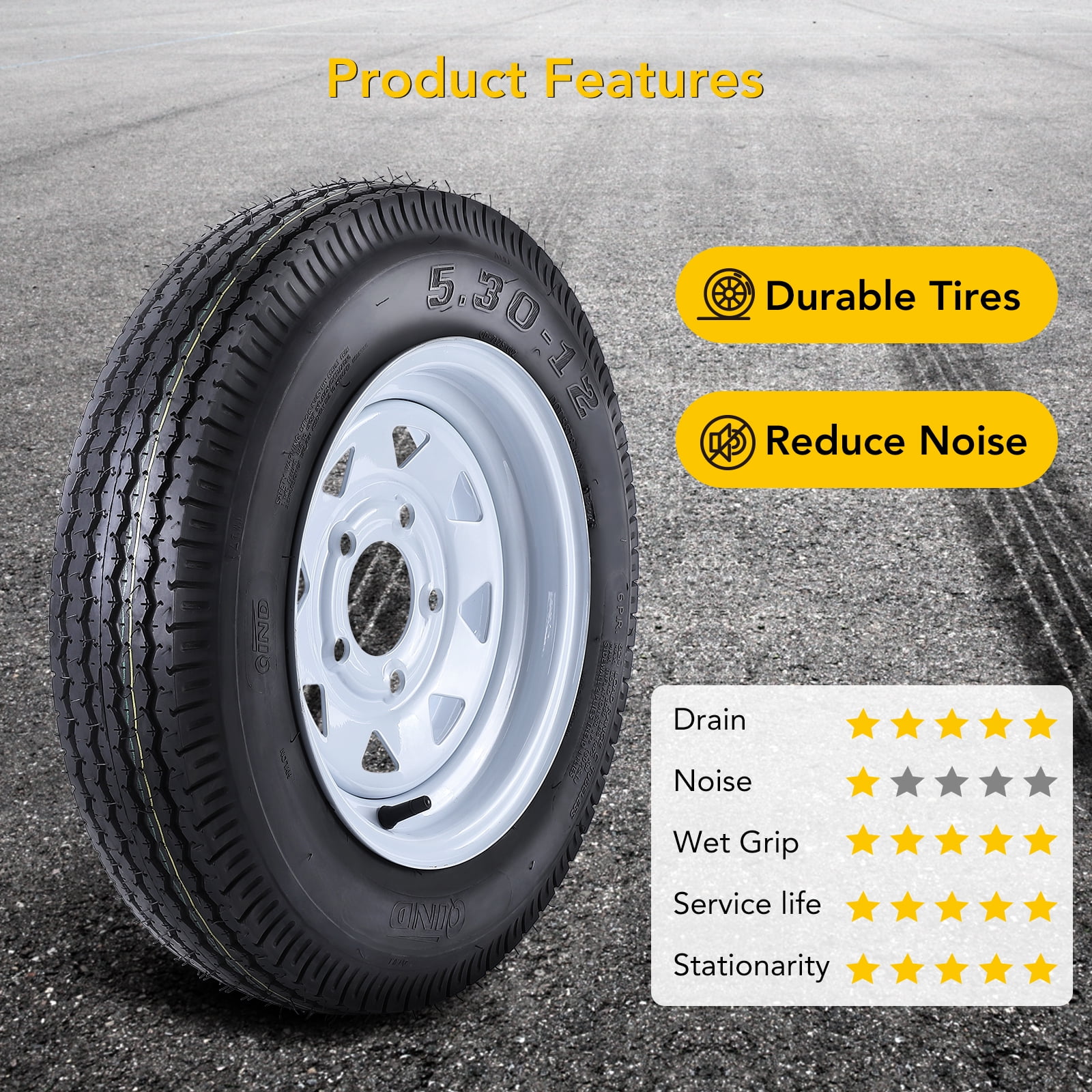 Ladcaser 5.30-12 Trailer Tire and Rim Assembly (2 Pack, 5 Lug on 4.5 in, Load Range C, 6 Ply) fvw5a
